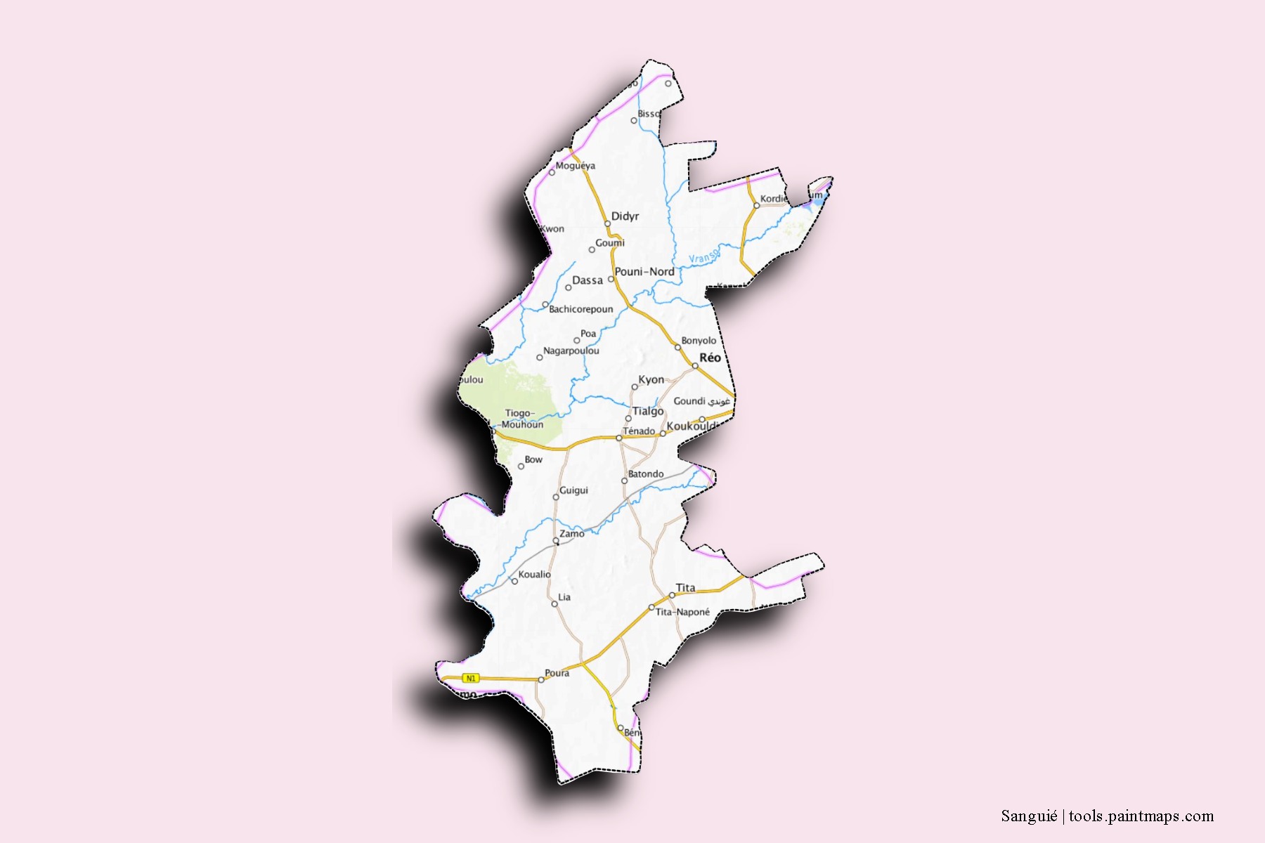 Sanguié neighborhoods and villages map with 3D shadow effect