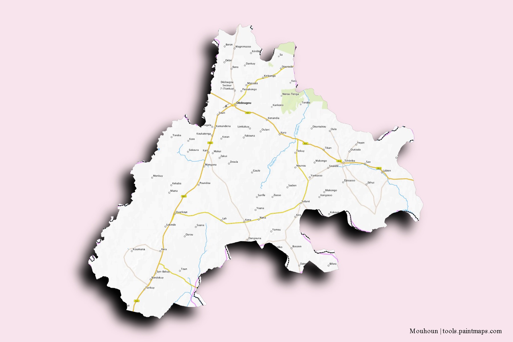 Mouhoun neighborhoods and villages map with 3D shadow effect