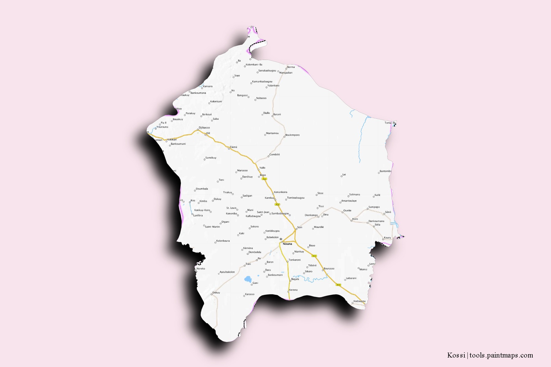 Kossi neighborhoods and villages map with 3D shadow effect