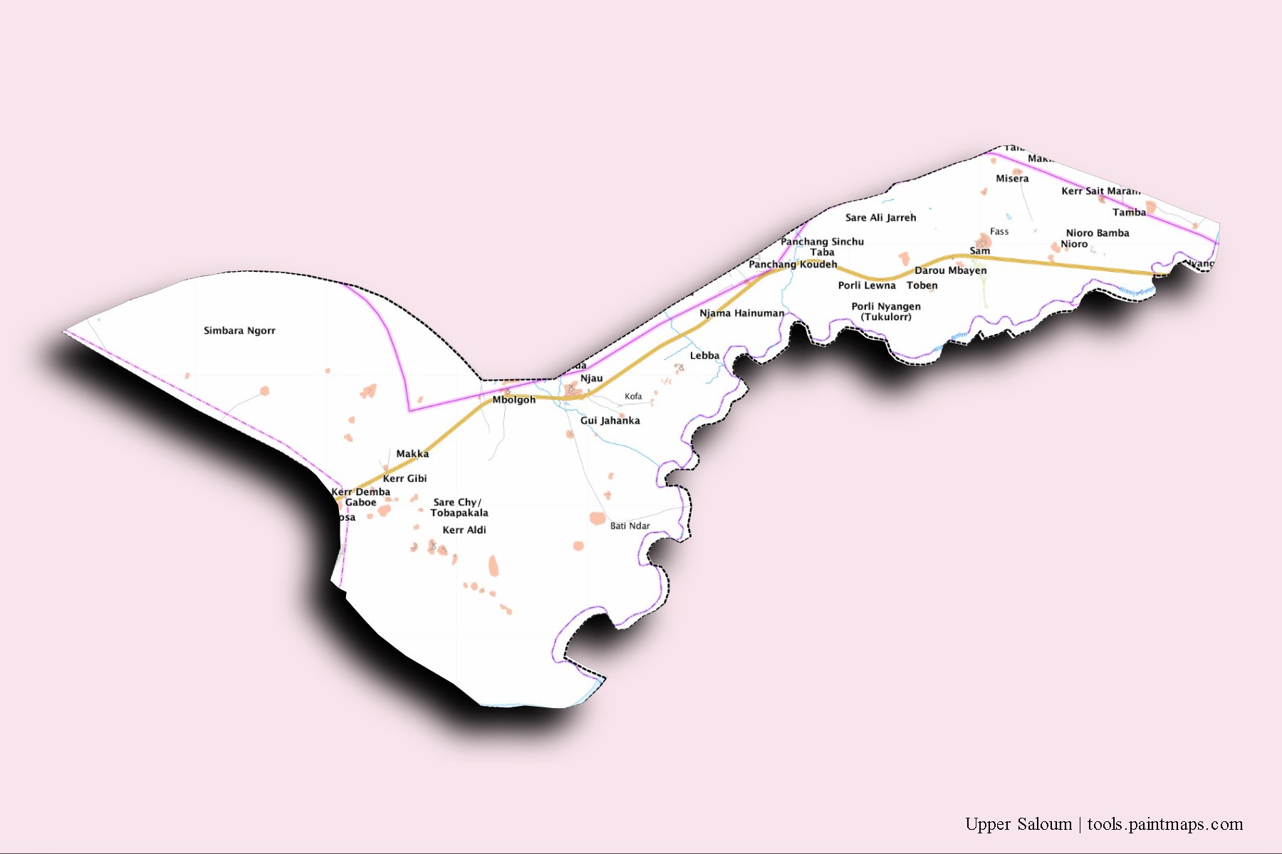 Upper Saloum neighborhoods and villages map with 3D shadow effect