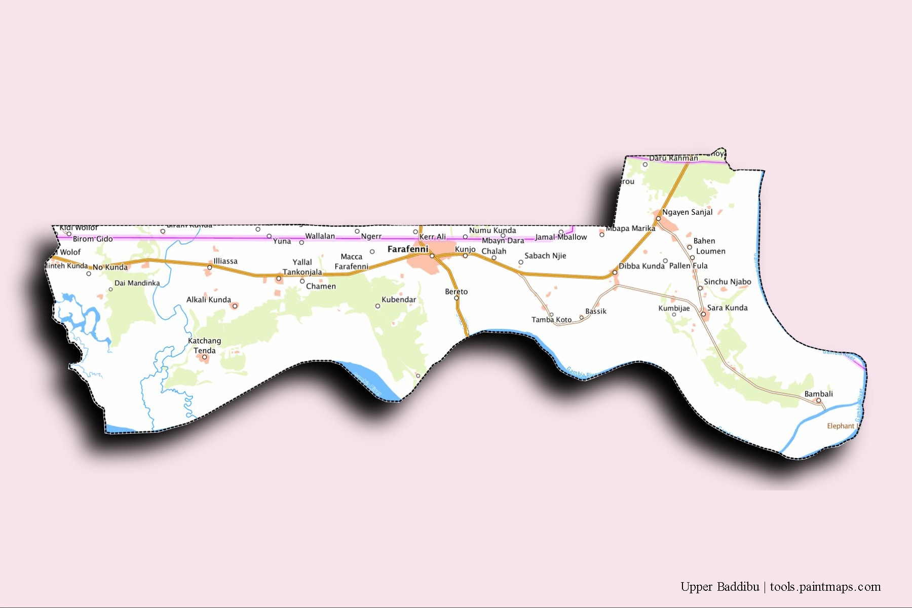 Mapa de barrios y pueblos de Upper Baddibu con efecto de sombra 3D