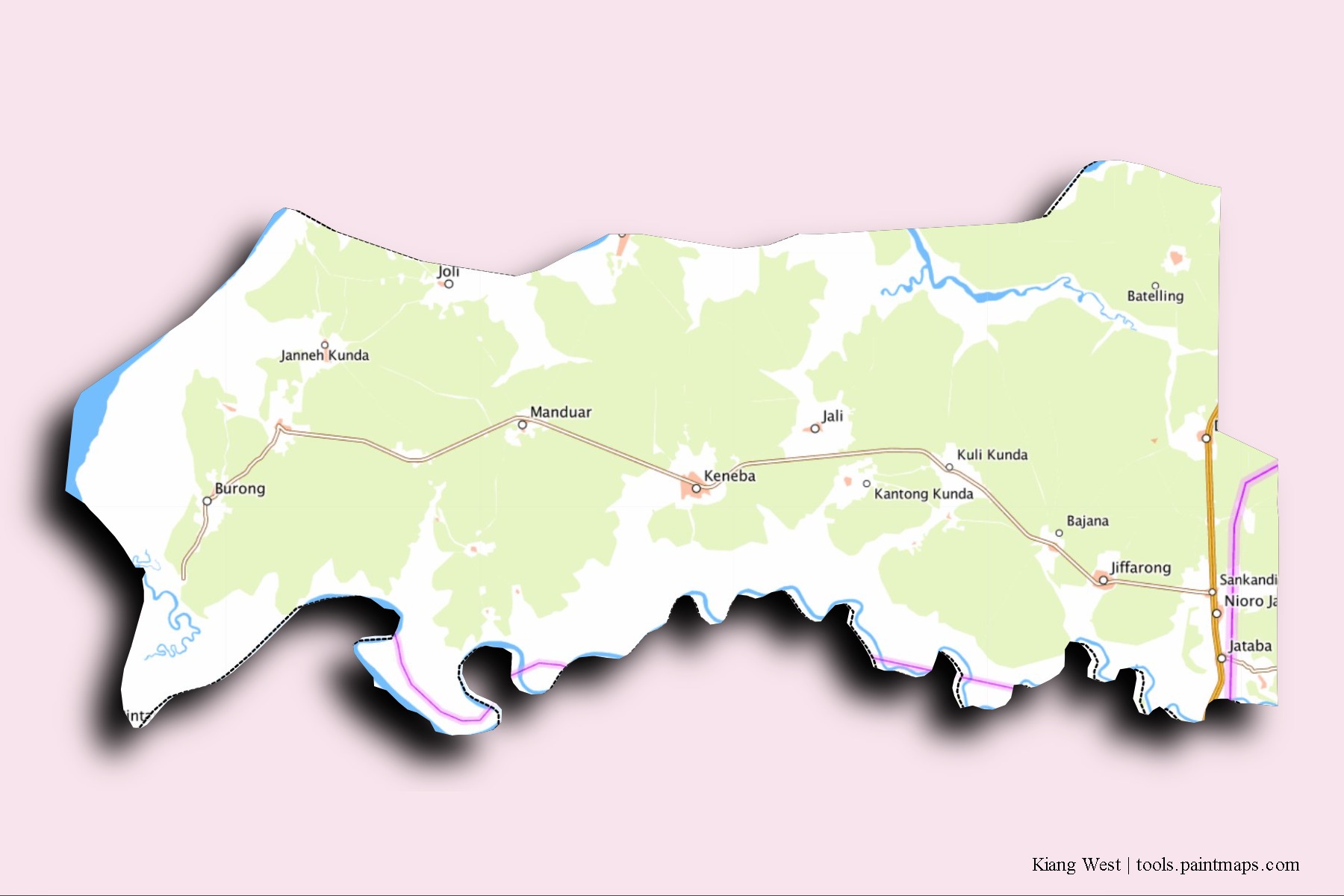 Mapa de barrios y pueblos de Kiang West con efecto de sombra 3D