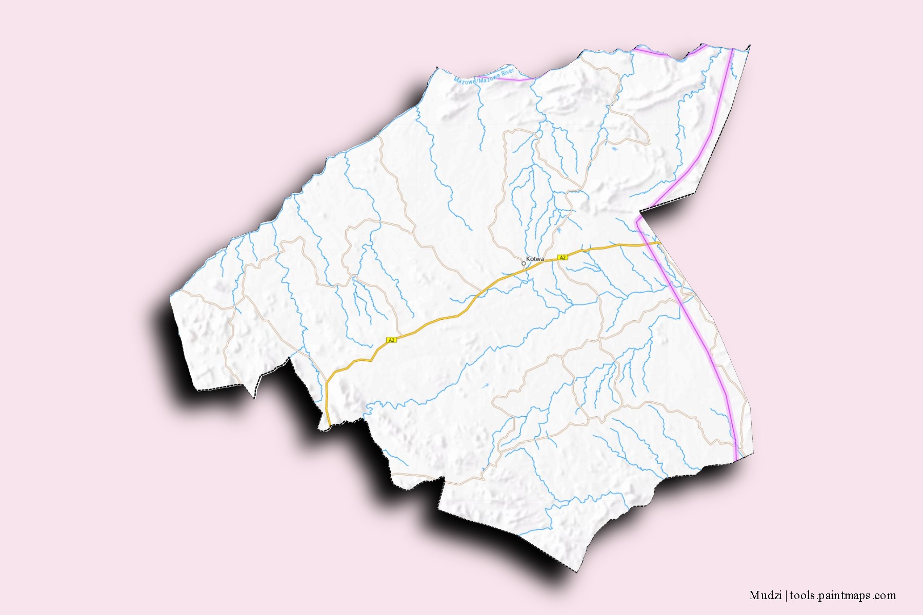 Mapa de barrios y pueblos de Mudzi con efecto de sombra 3D