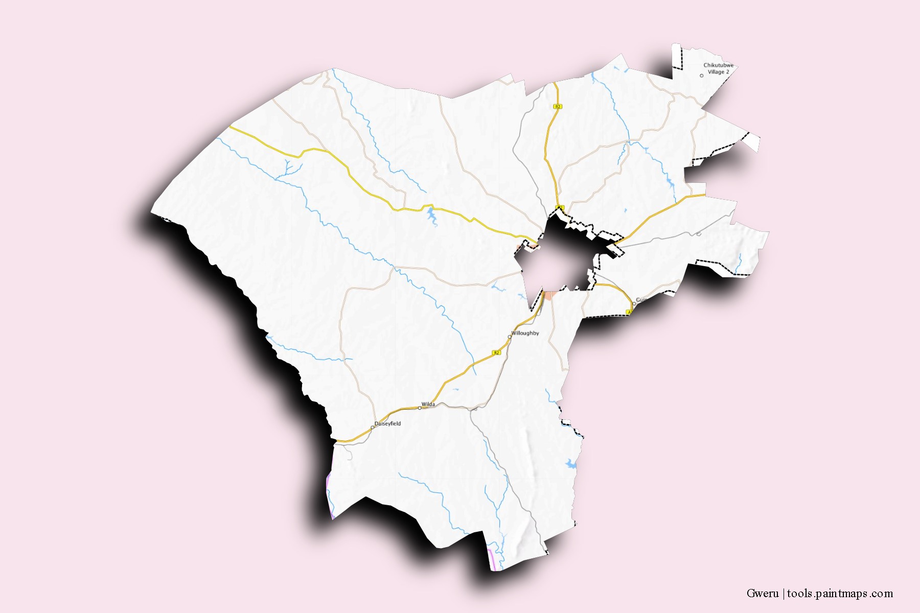 Mapa de barrios y pueblos de Gweru con efecto de sombra 3D