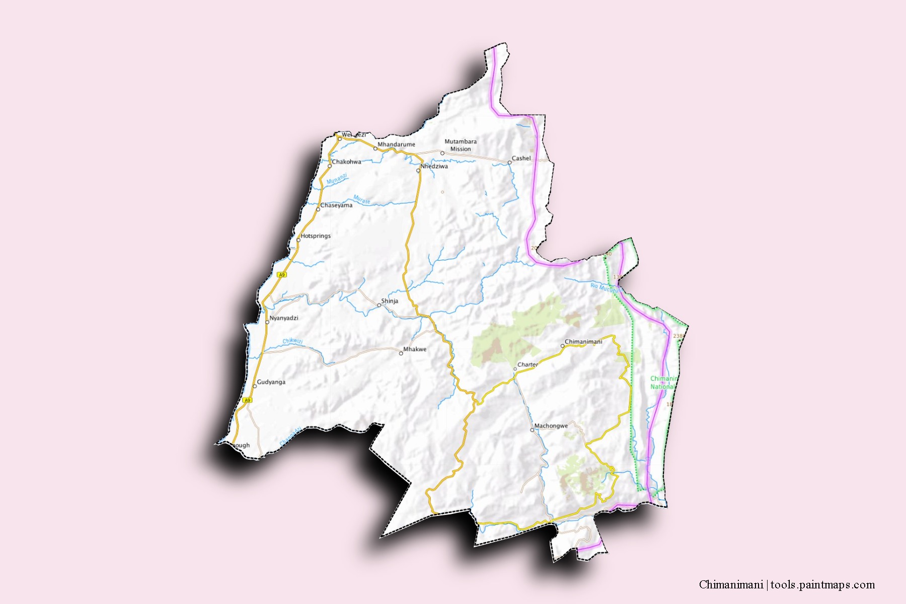 Mapa de barrios y pueblos de Chimanimani con efecto de sombra 3D