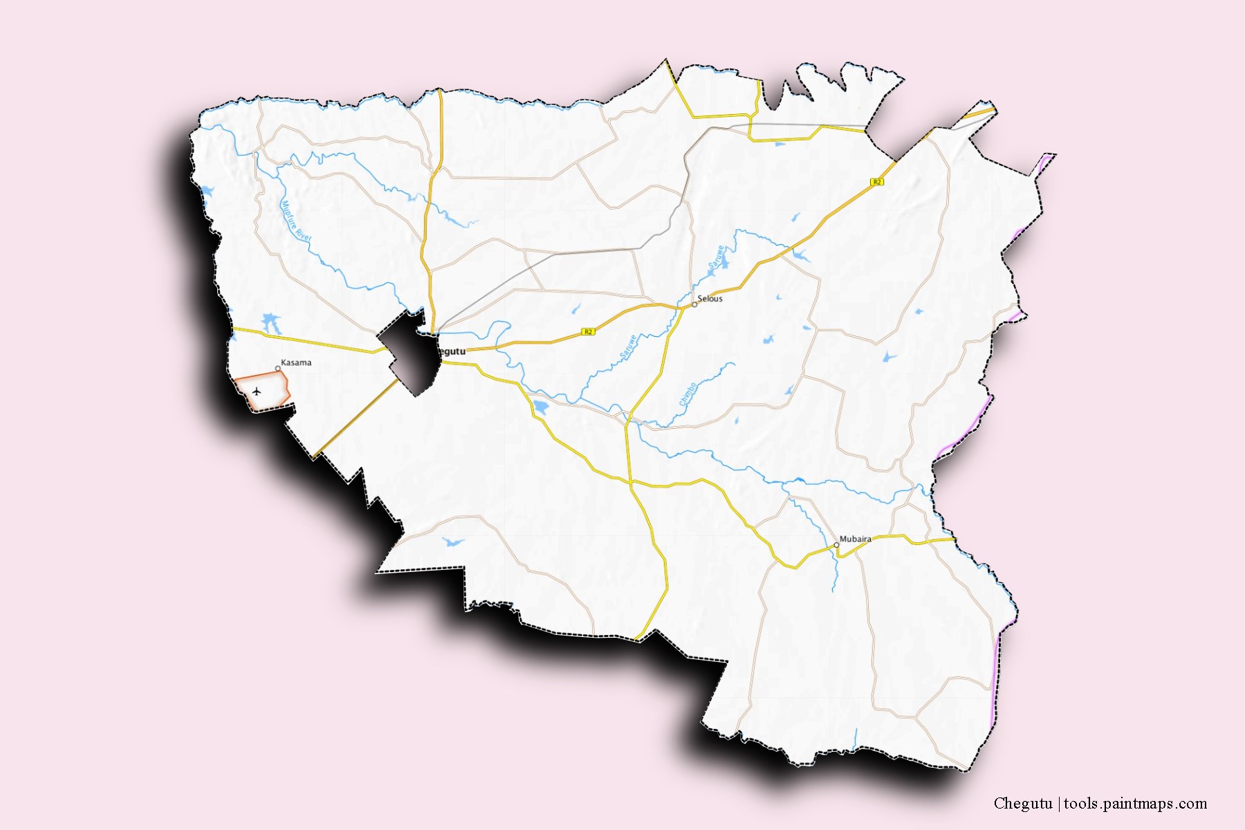 Mapa de barrios y pueblos de Chegutu con efecto de sombra 3D