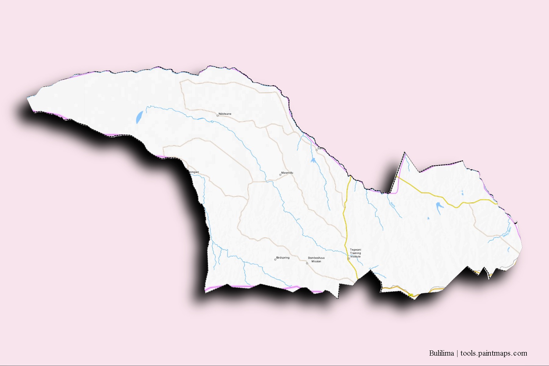 Bulilimamangwe District neighborhoods and villages map with 3D shadow effect