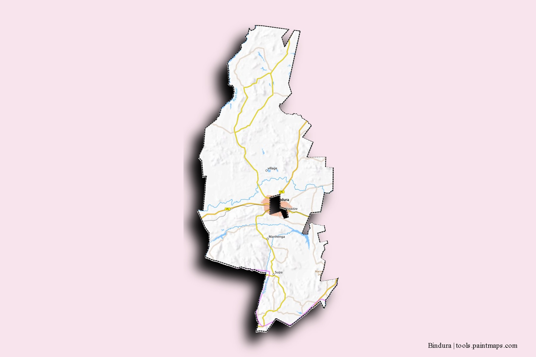 Mapa de barrios y pueblos de Bindura con efecto de sombra 3D