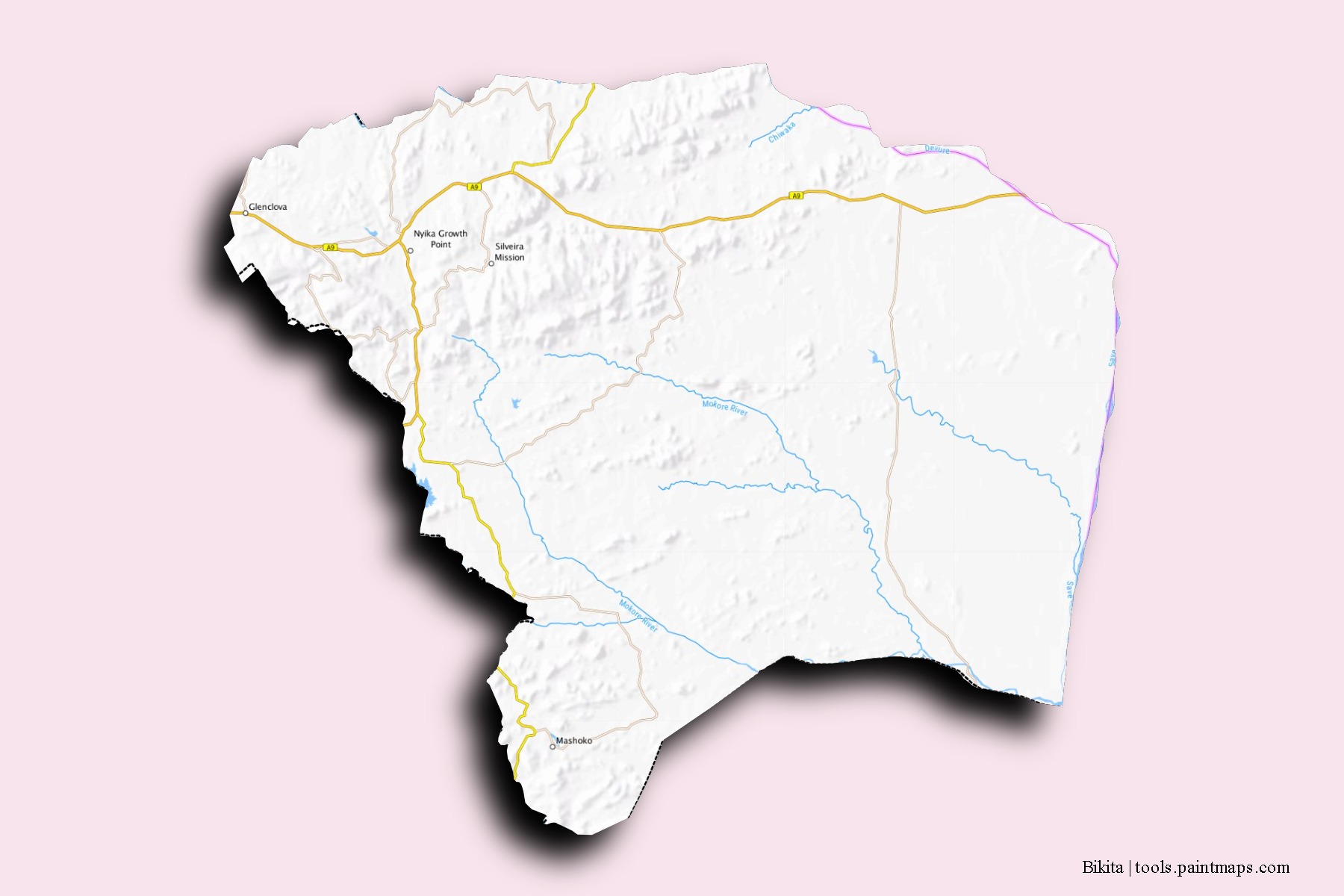 Mapa de barrios y pueblos de Bikita con efecto de sombra 3D