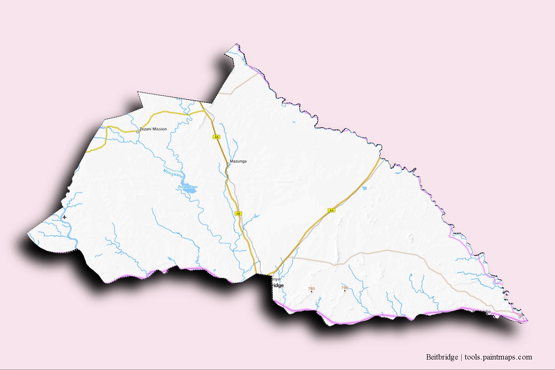 Beitbridge District neighborhoods and villages map with 3D shadow effect