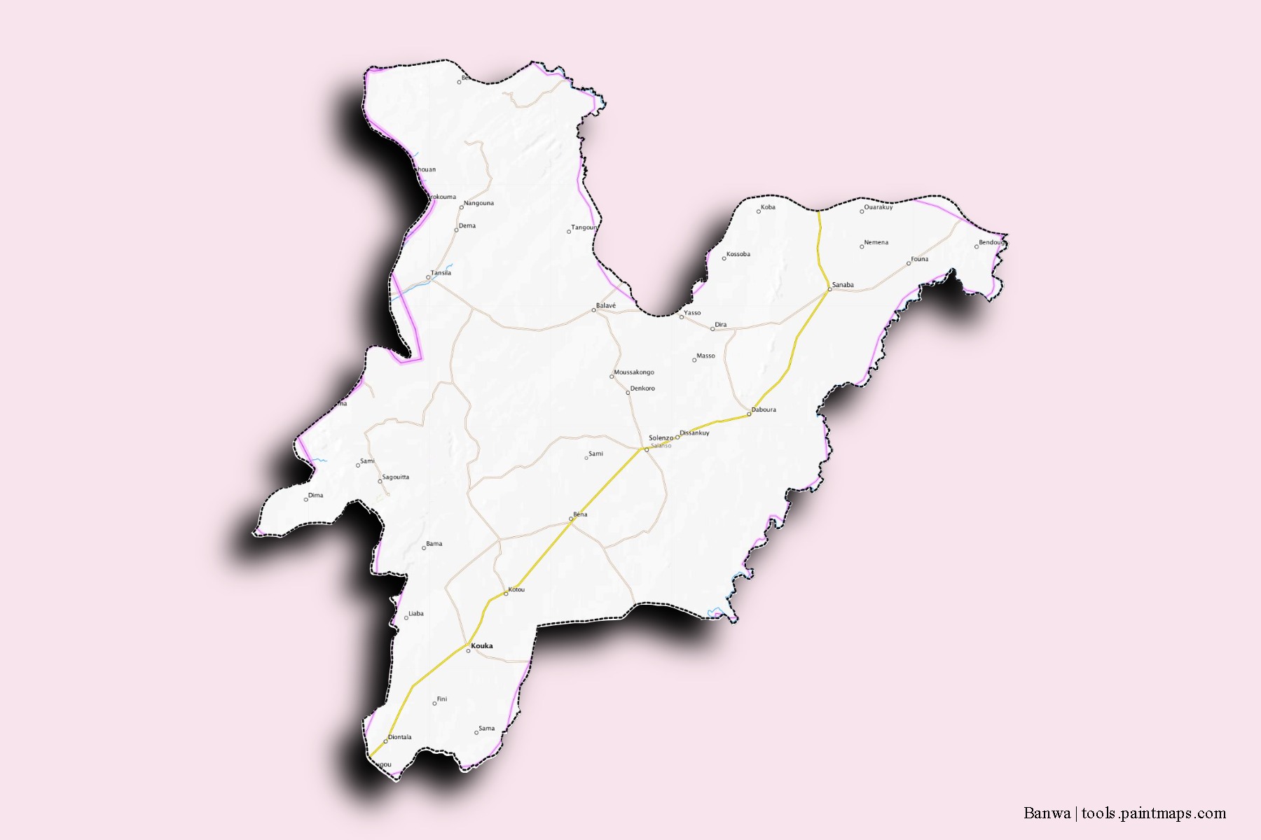Mapa de barrios y pueblos de Banwa con efecto de sombra 3D