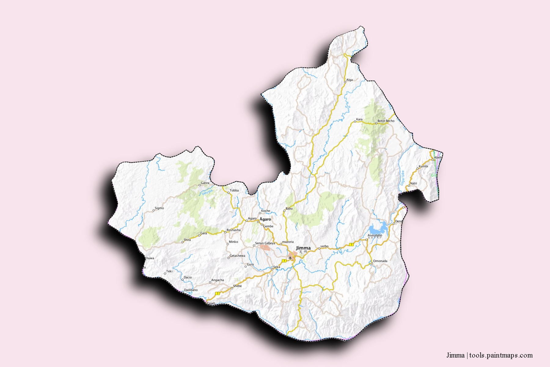 Mapa de barrios y pueblos de Jimma con efecto de sombra 3D