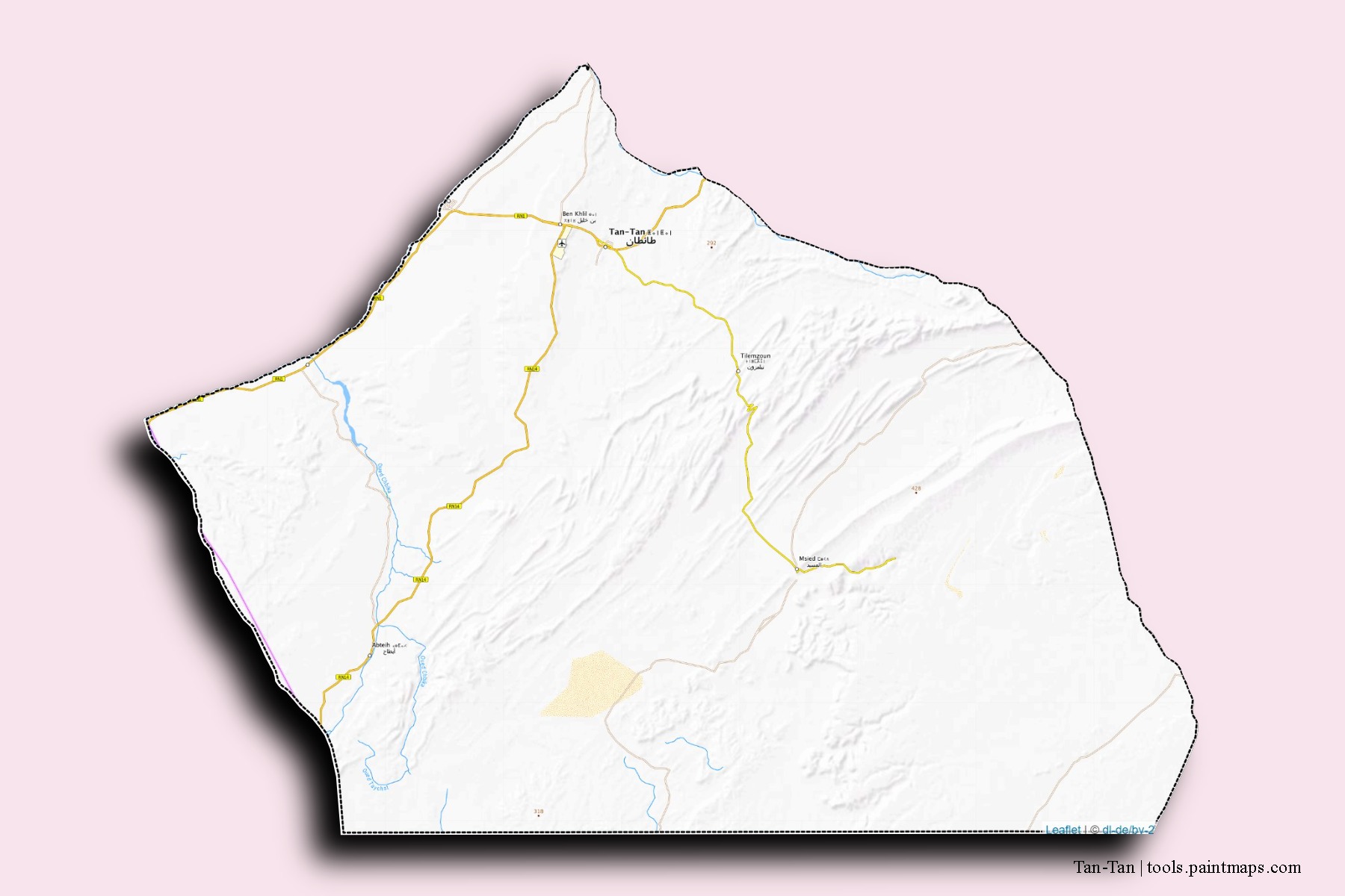 Mapa de barrios y pueblos de Tan-Tan con efecto de sombra 3D