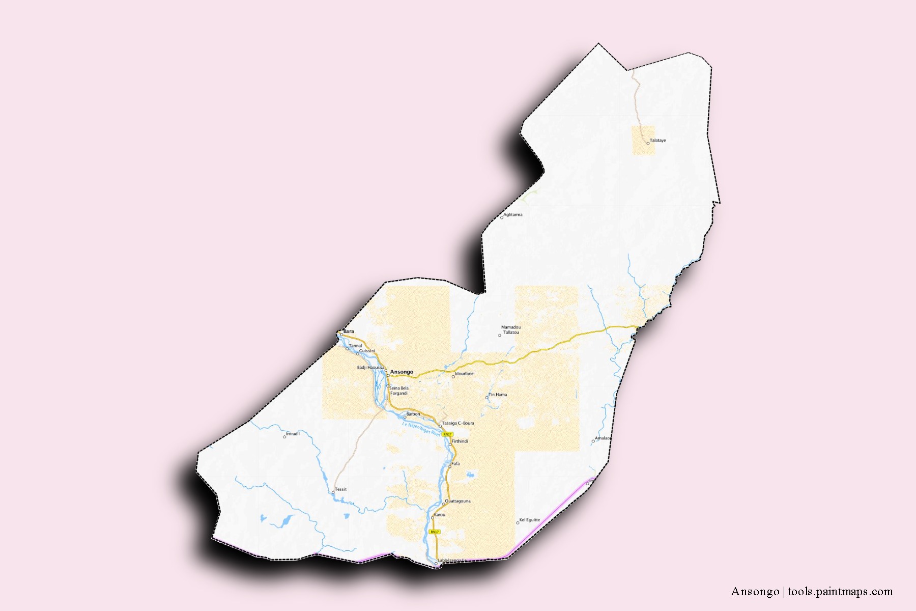 Mapa de barrios y pueblos de Ansongo con efecto de sombra 3D