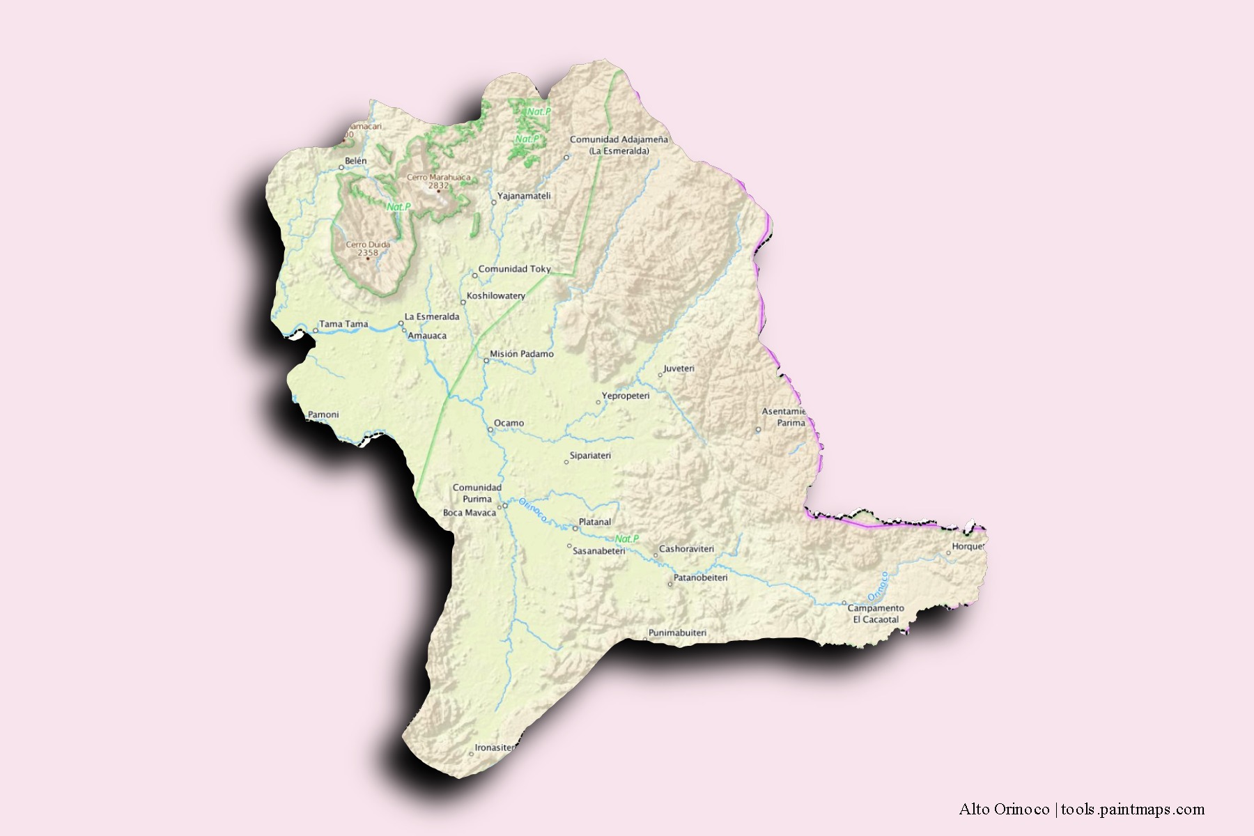 Mapa de barrios y pueblos de Alto Orinoco con efecto de sombra 3D