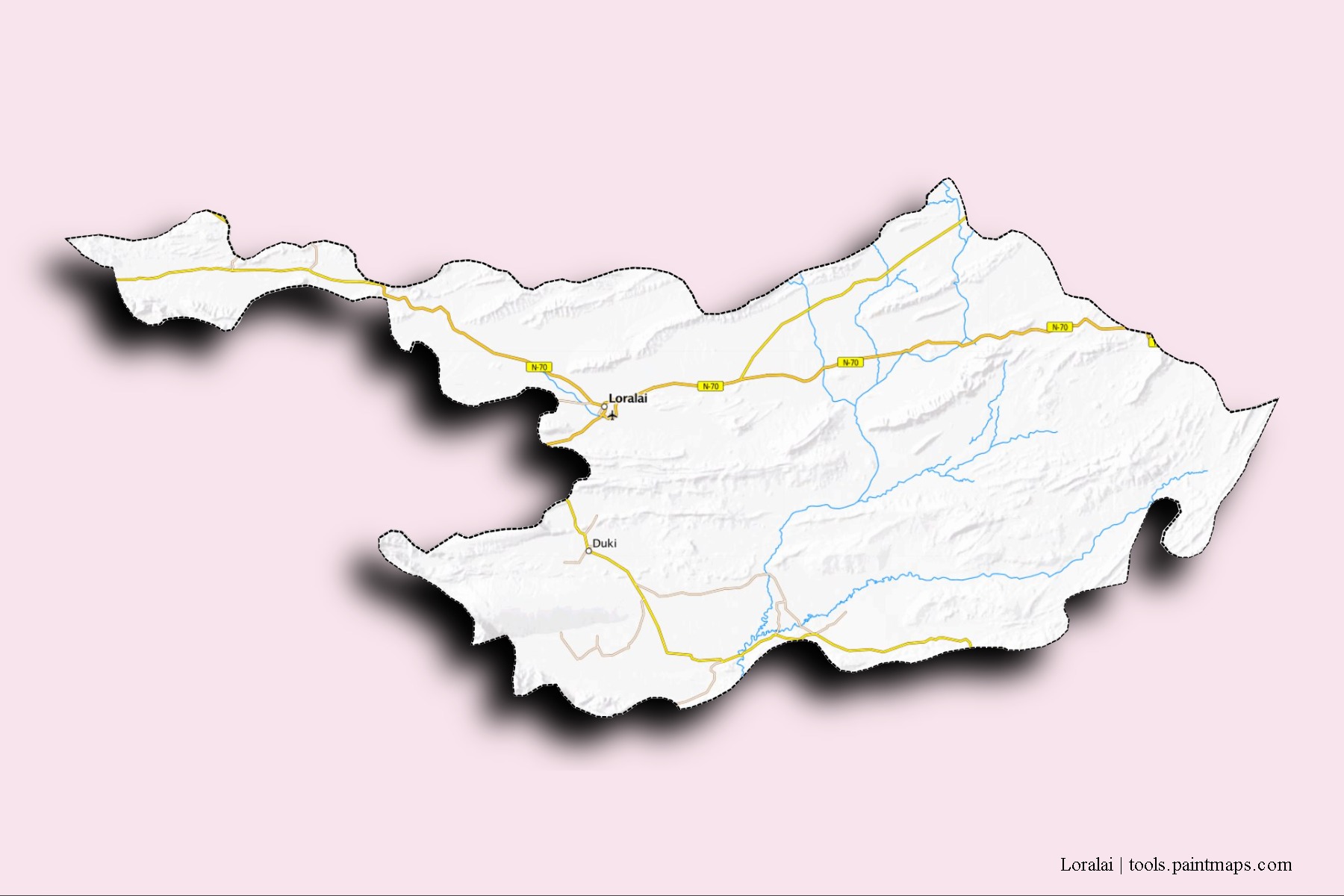 Loralai neighborhoods and villages map with 3D shadow effect