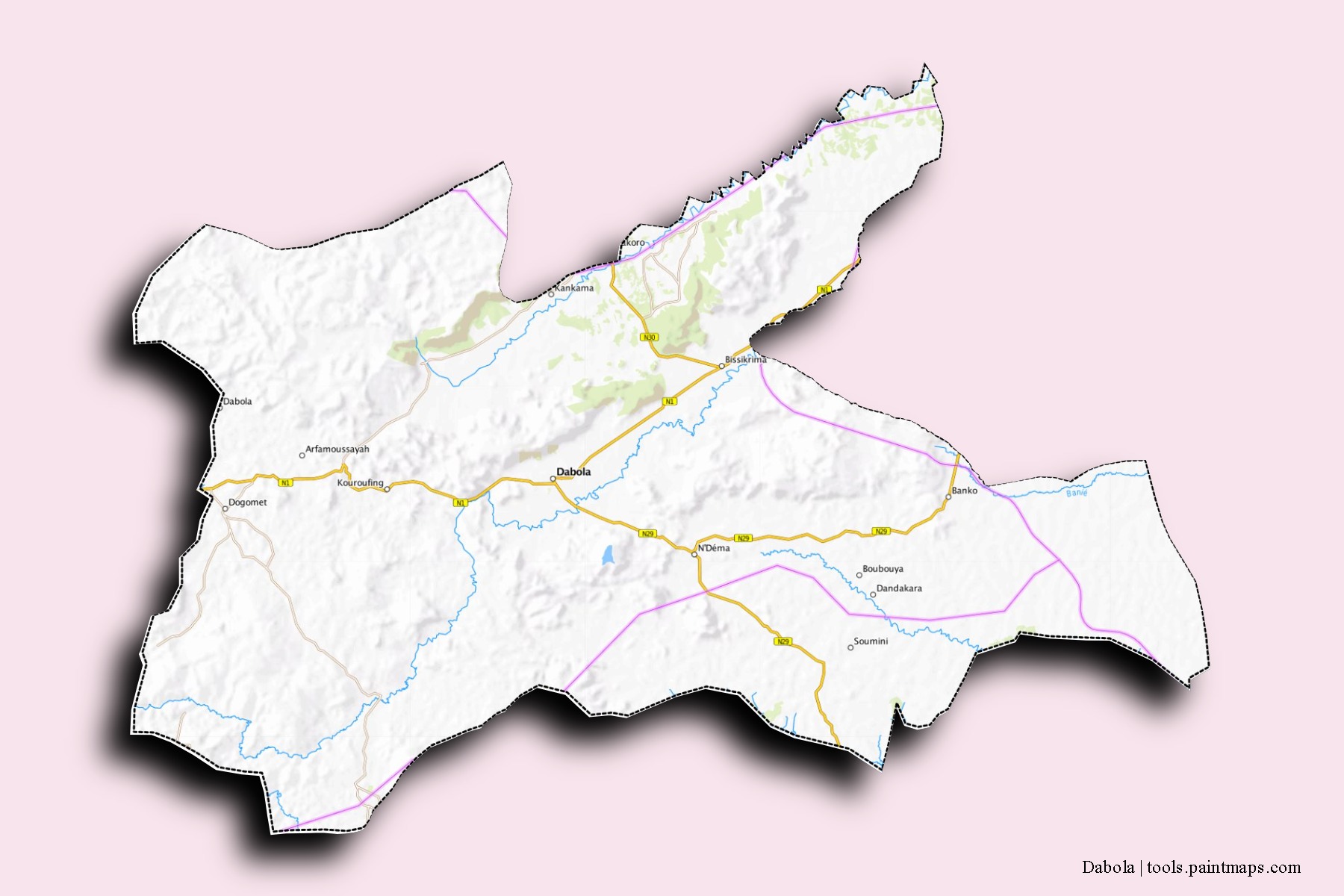 Dabola neighborhoods and villages map with 3D shadow effect