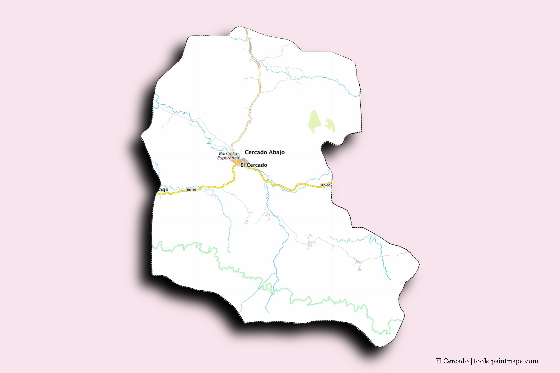 Mapa de barrios y pueblos de El Cercado con efecto de sombra 3D