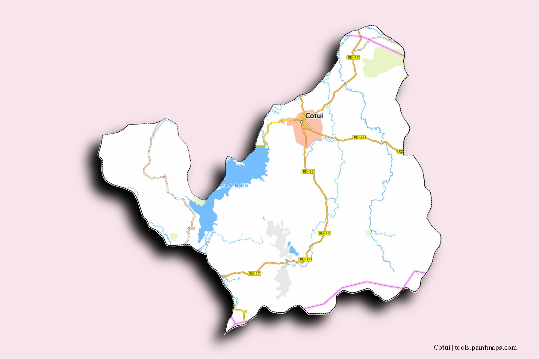 Mapa de barrios y pueblos de Cotuí con efecto de sombra 3D