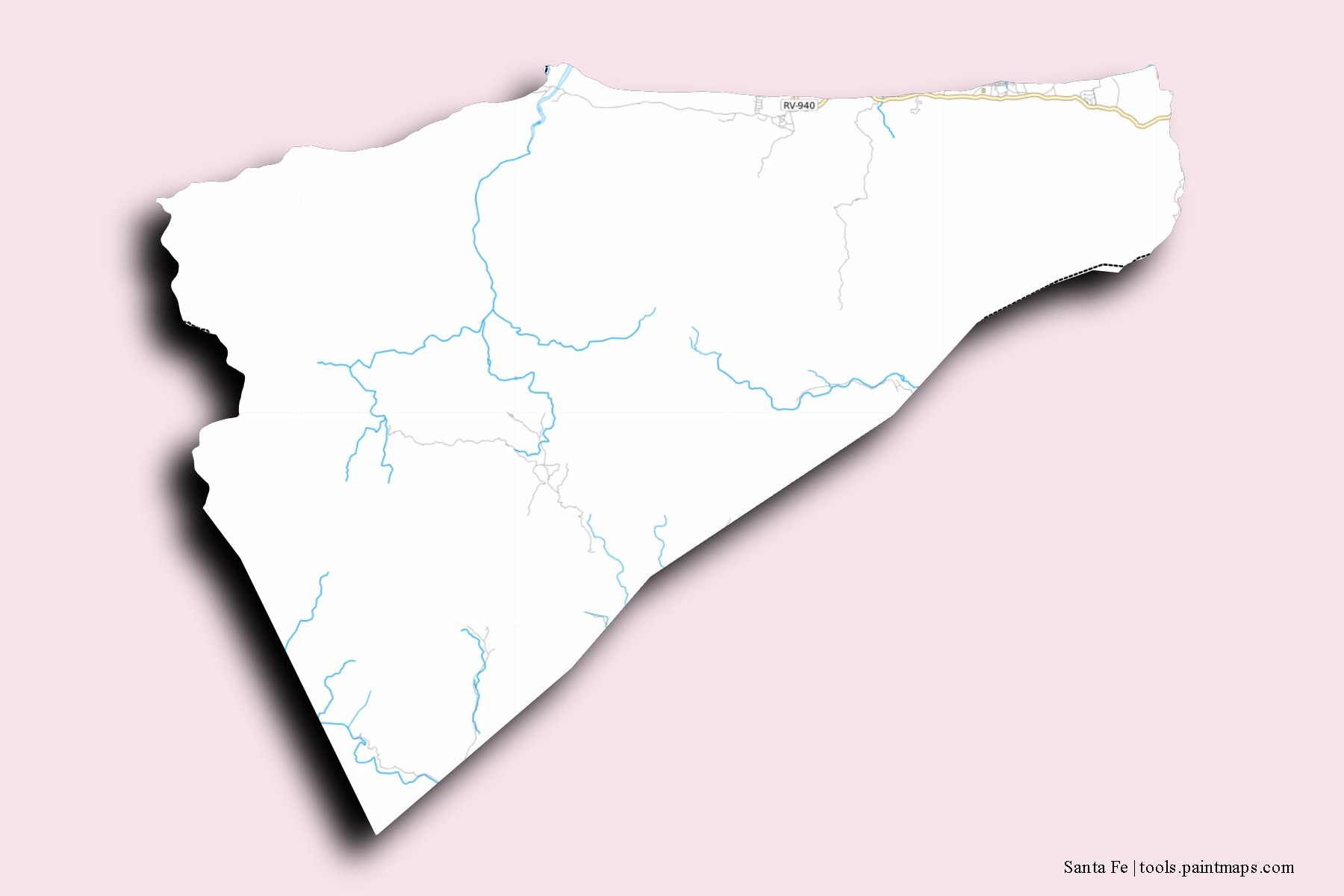 Santa Fé neighborhoods and villages map with 3D shadow effect