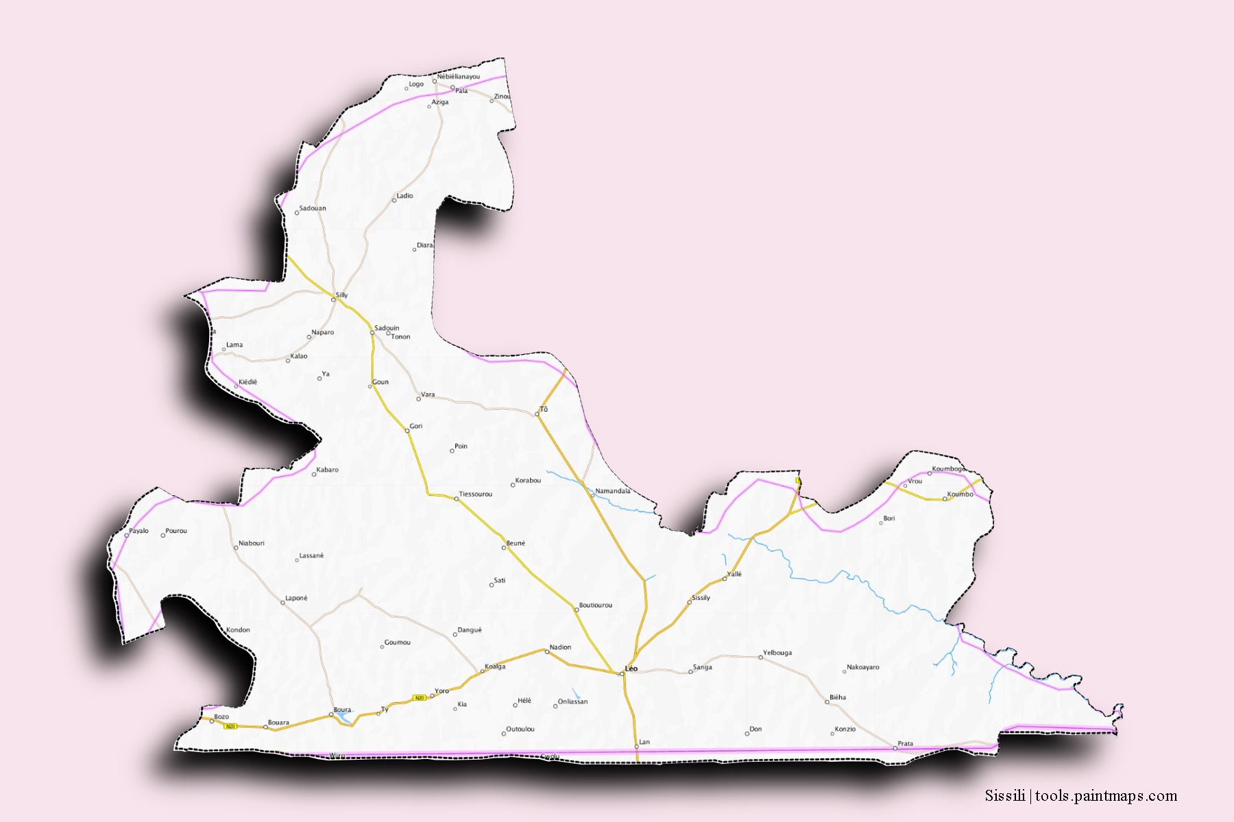 Sissili neighborhoods and villages map with 3D shadow effect