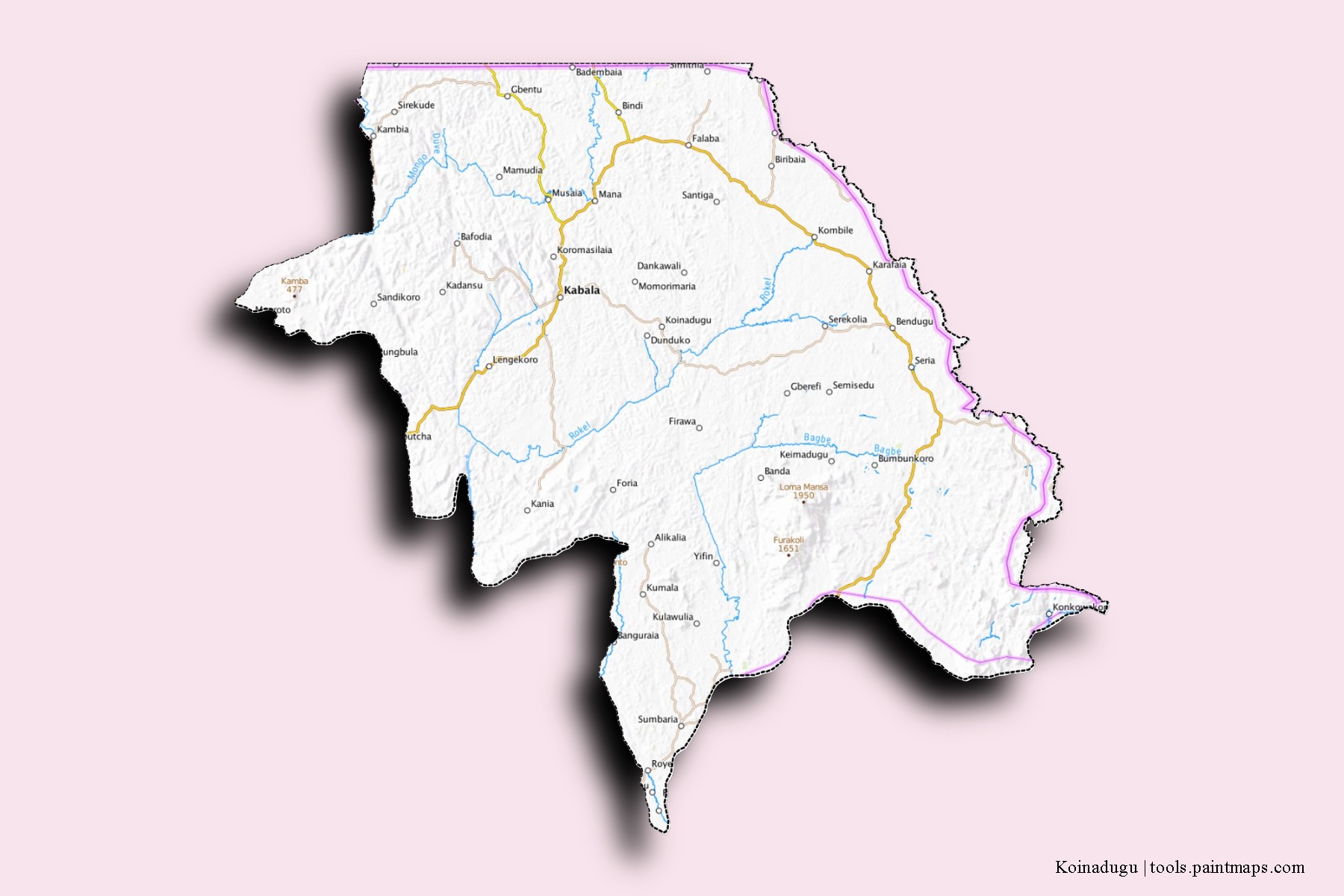 Mapa de barrios y pueblos de Koinadugu con efecto de sombra 3D