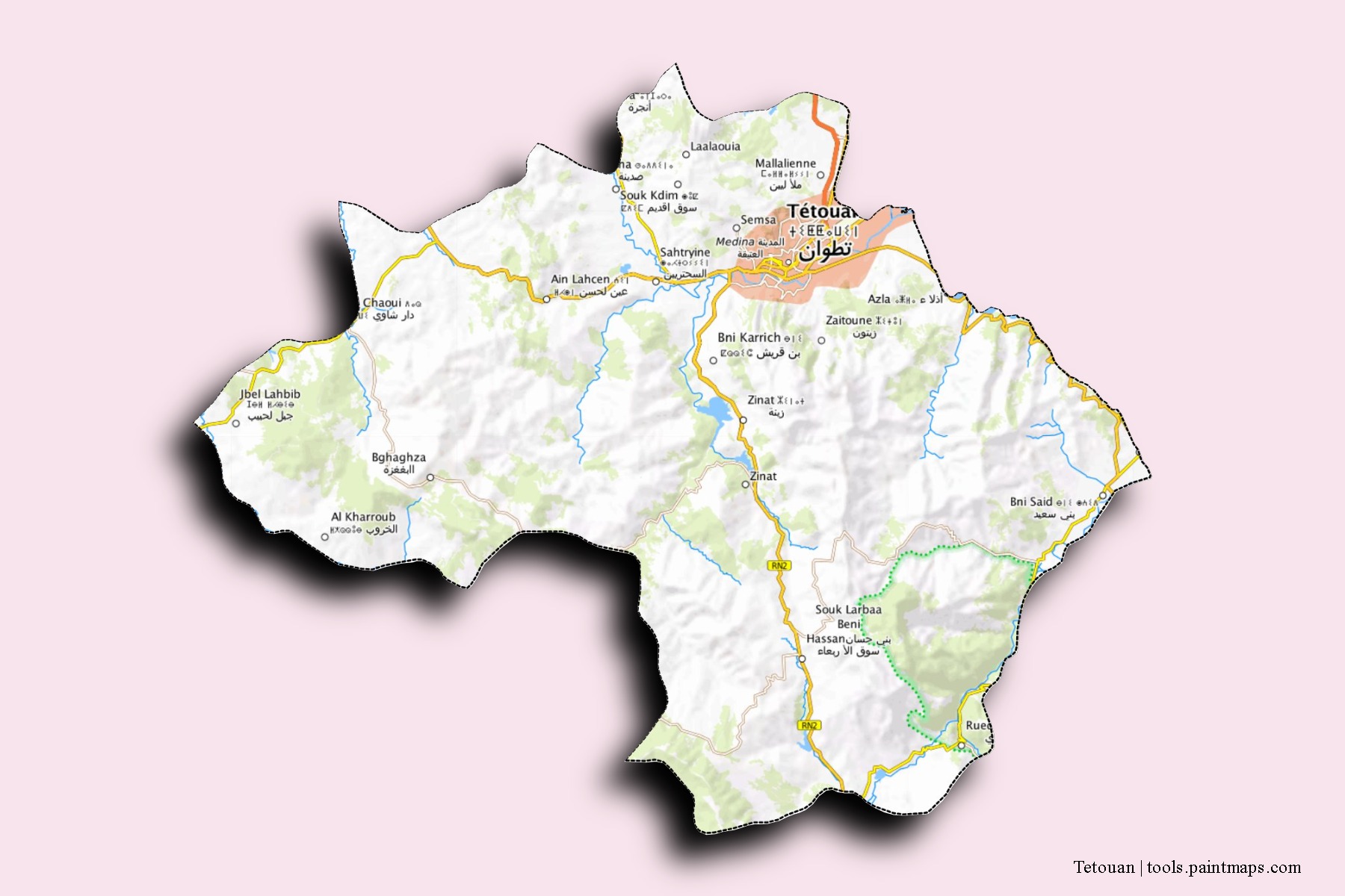 Mapa de barrios y pueblos de Tetouan con efecto de sombra 3D