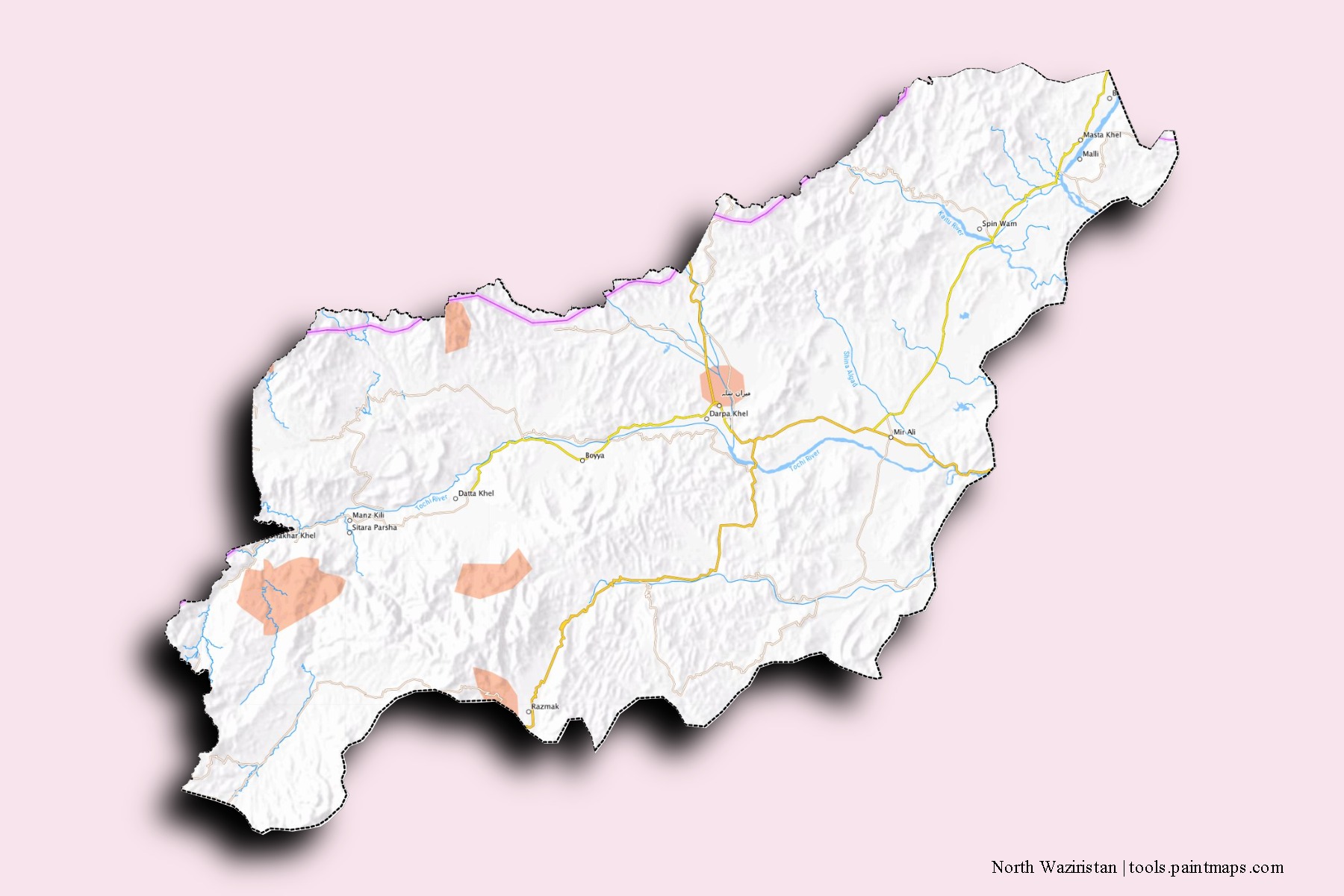 North Waziristan neighborhoods and villages map with 3D shadow effect