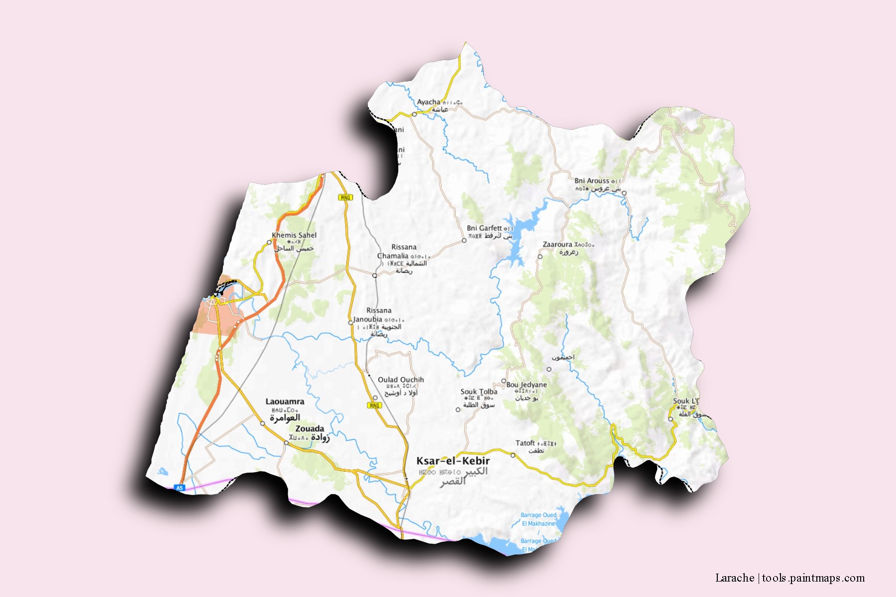 Mapa de barrios y pueblos de Larache con efecto de sombra 3D