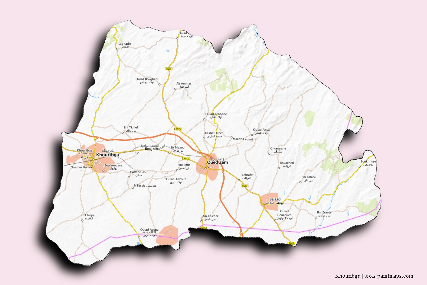 Mapa de barrios y pueblos de Khouribga con efecto de sombra 3D