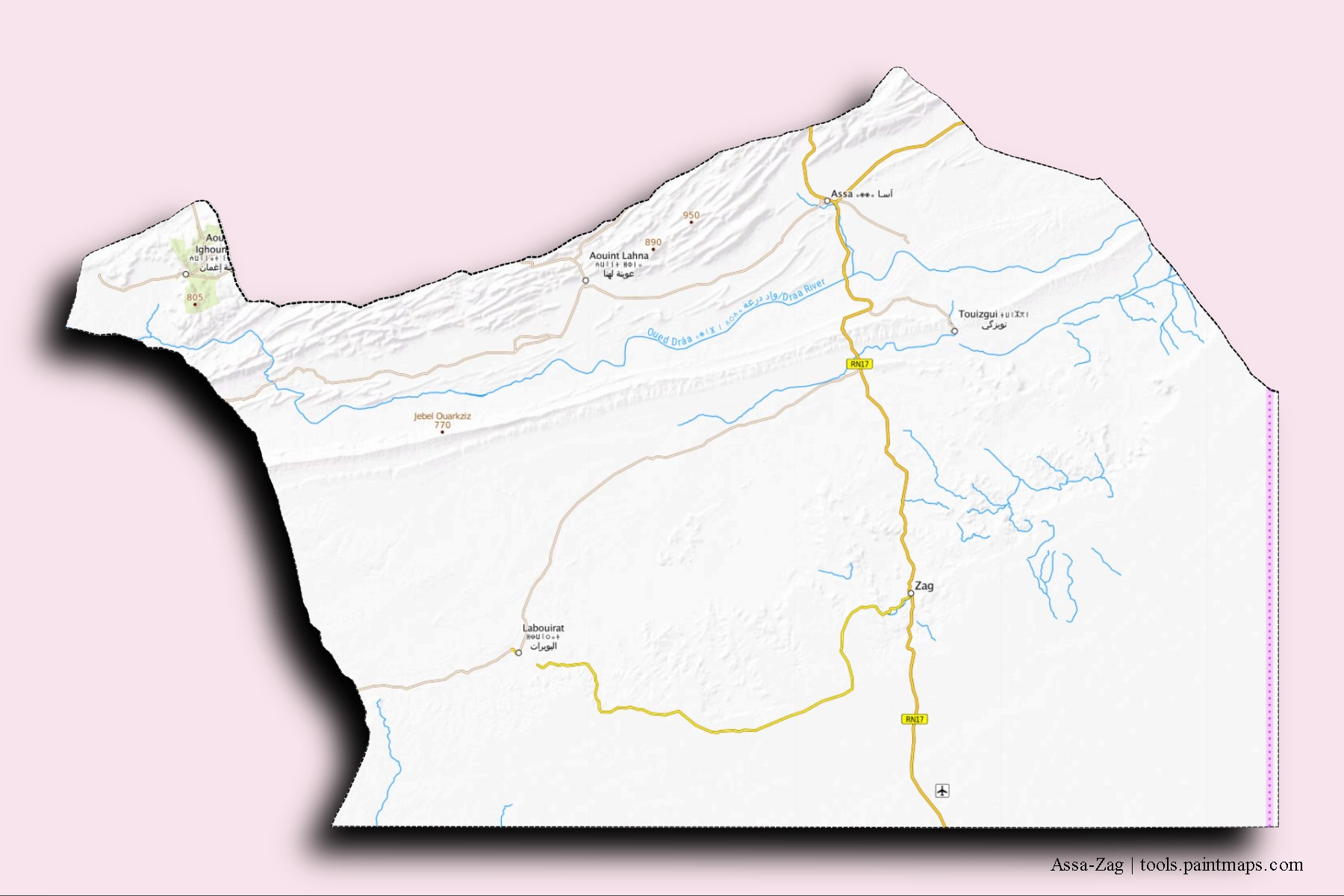 Mapa de barrios y pueblos de Assa-Zag con efecto de sombra 3D