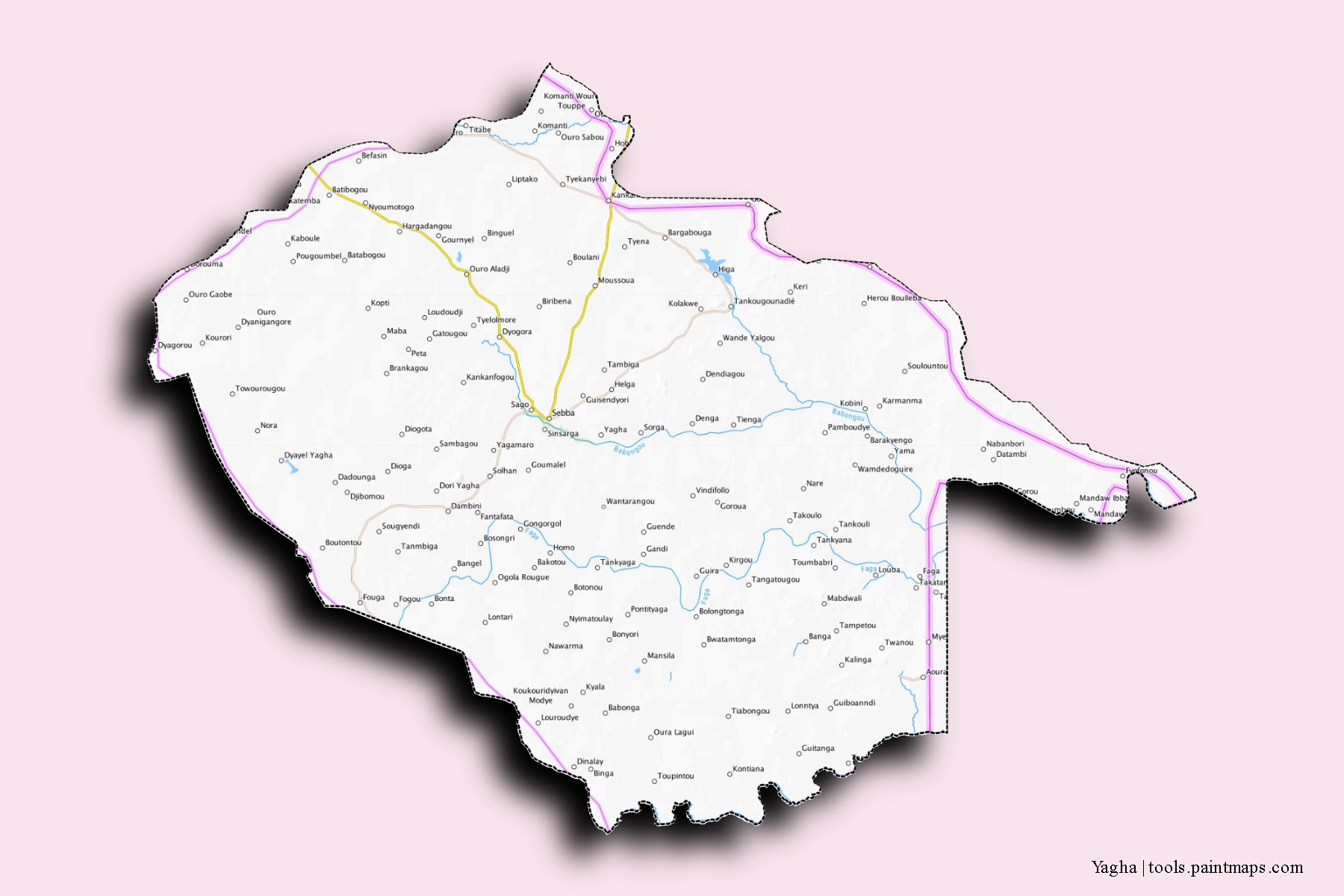 Yagha neighborhoods and villages map with 3D shadow effect