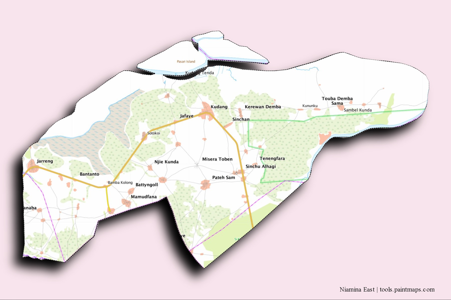 3D gölge efektli Niamina East mahalleleri ve köyleri haritası
