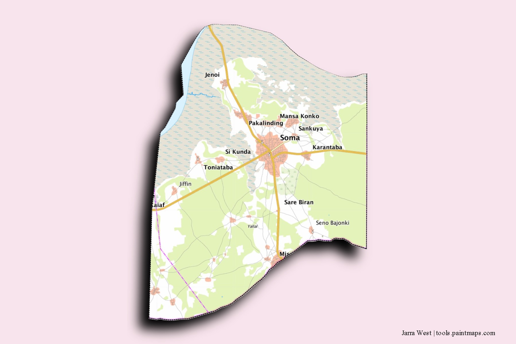 Mapa de barrios y pueblos de Jarra West con efecto de sombra 3D