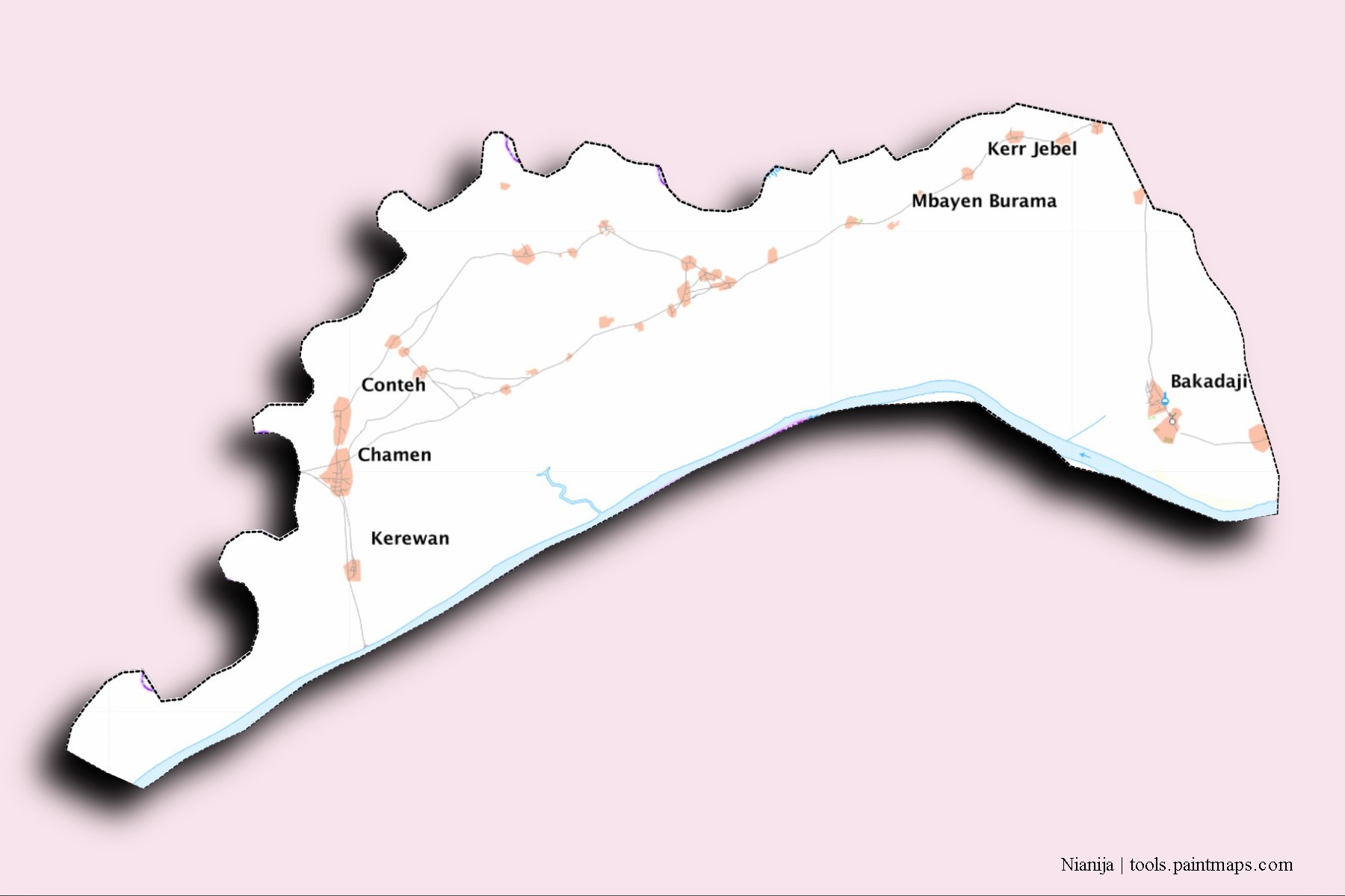 Nianija neighborhoods and villages map with 3D shadow effect