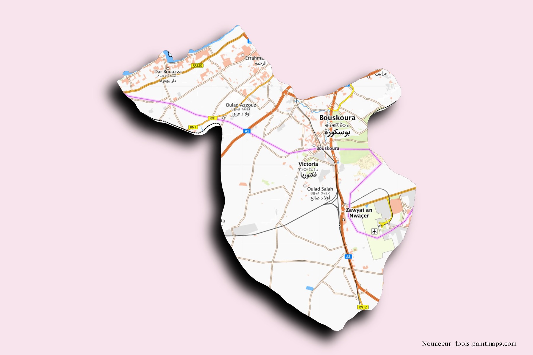 Mapa de barrios y pueblos de Nouaceur con efecto de sombra 3D