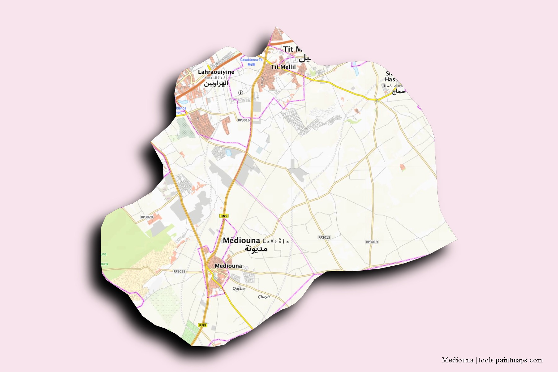 Mapa de barrios y pueblos de Mediouna con efecto de sombra 3D