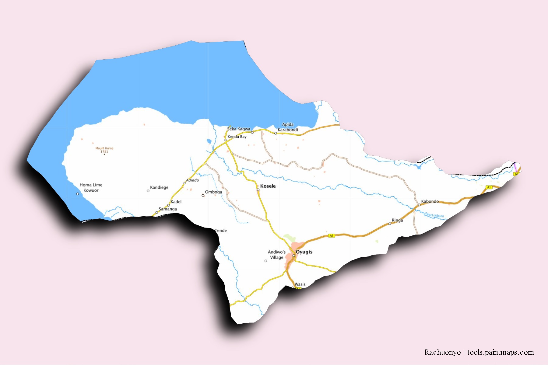 Mapa de barrios y pueblos de Rachuonyo con efecto de sombra 3D