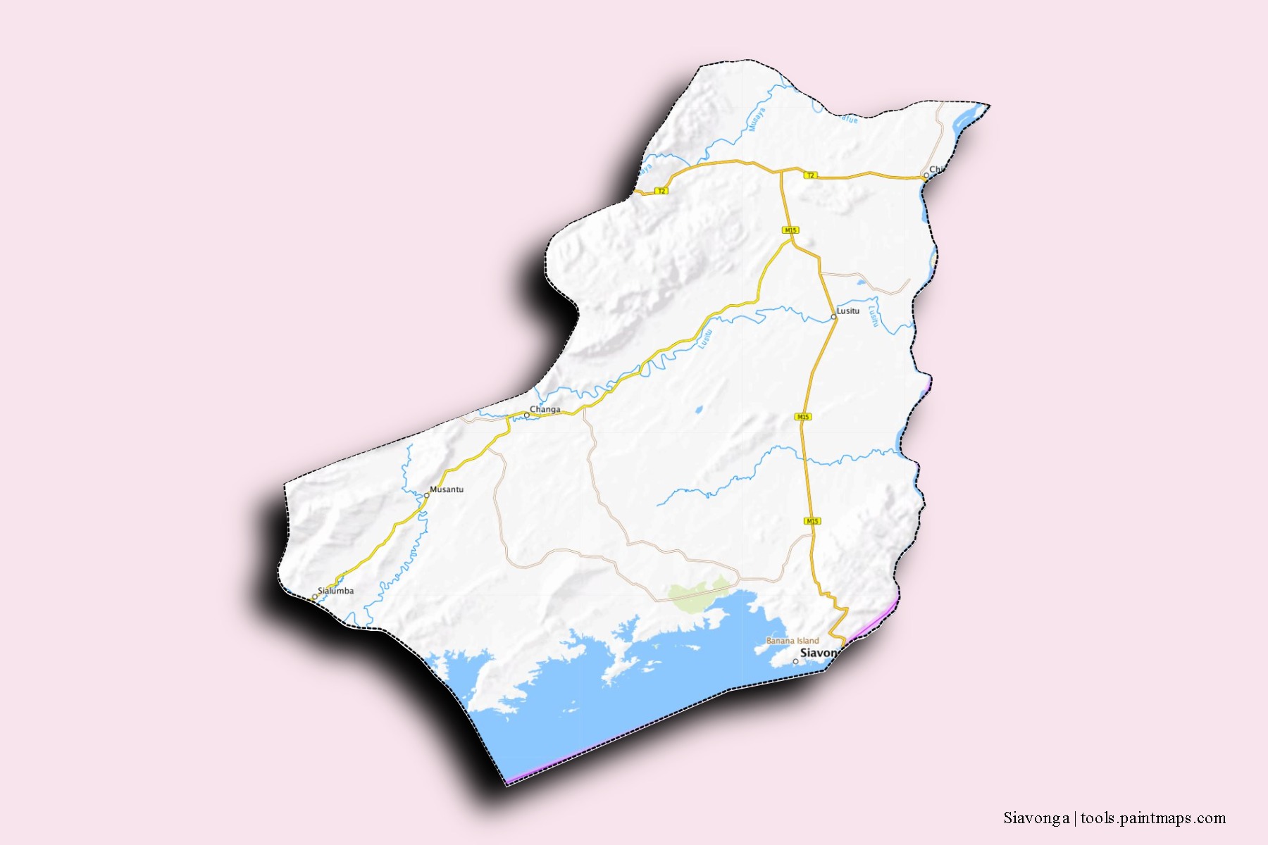 Mapa de barrios y pueblos de Siavonga con efecto de sombra 3D