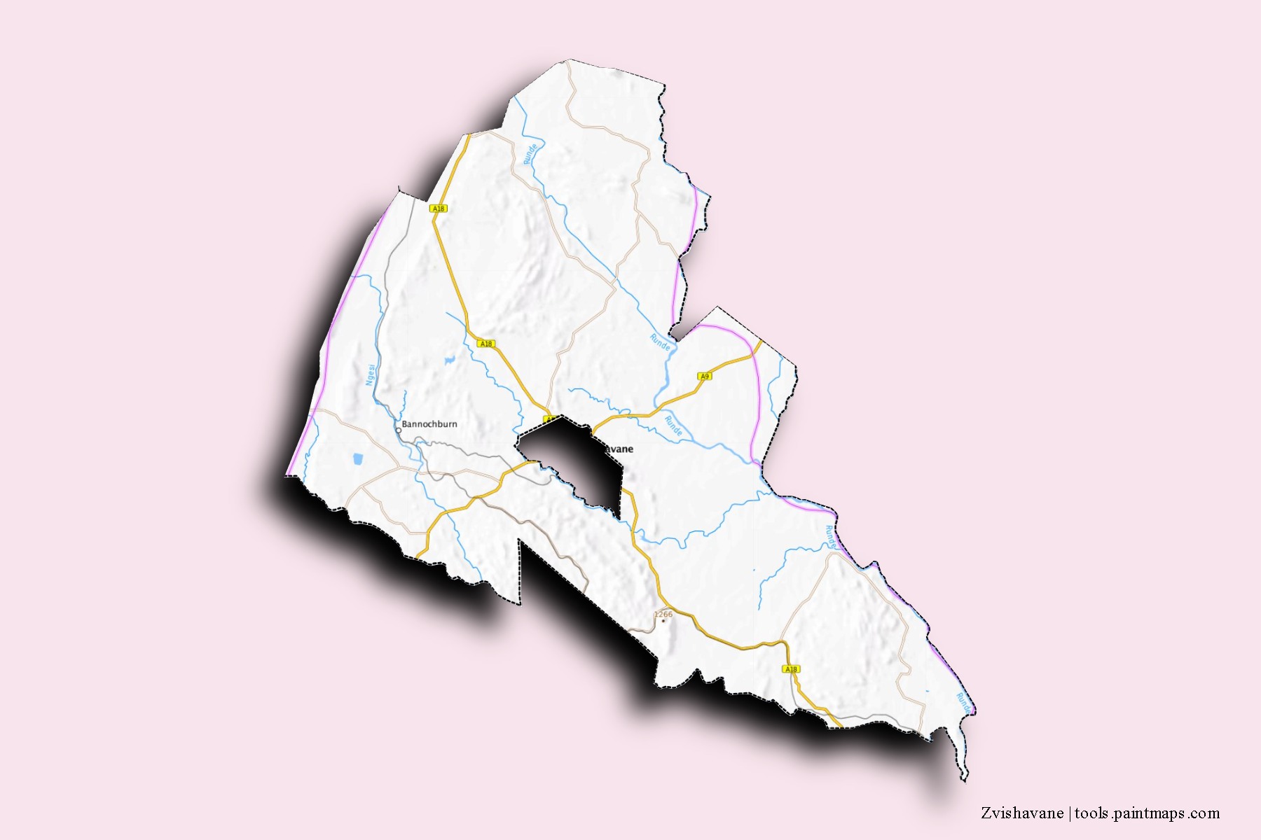 Zvishavane District neighborhoods and villages map with 3D shadow effect