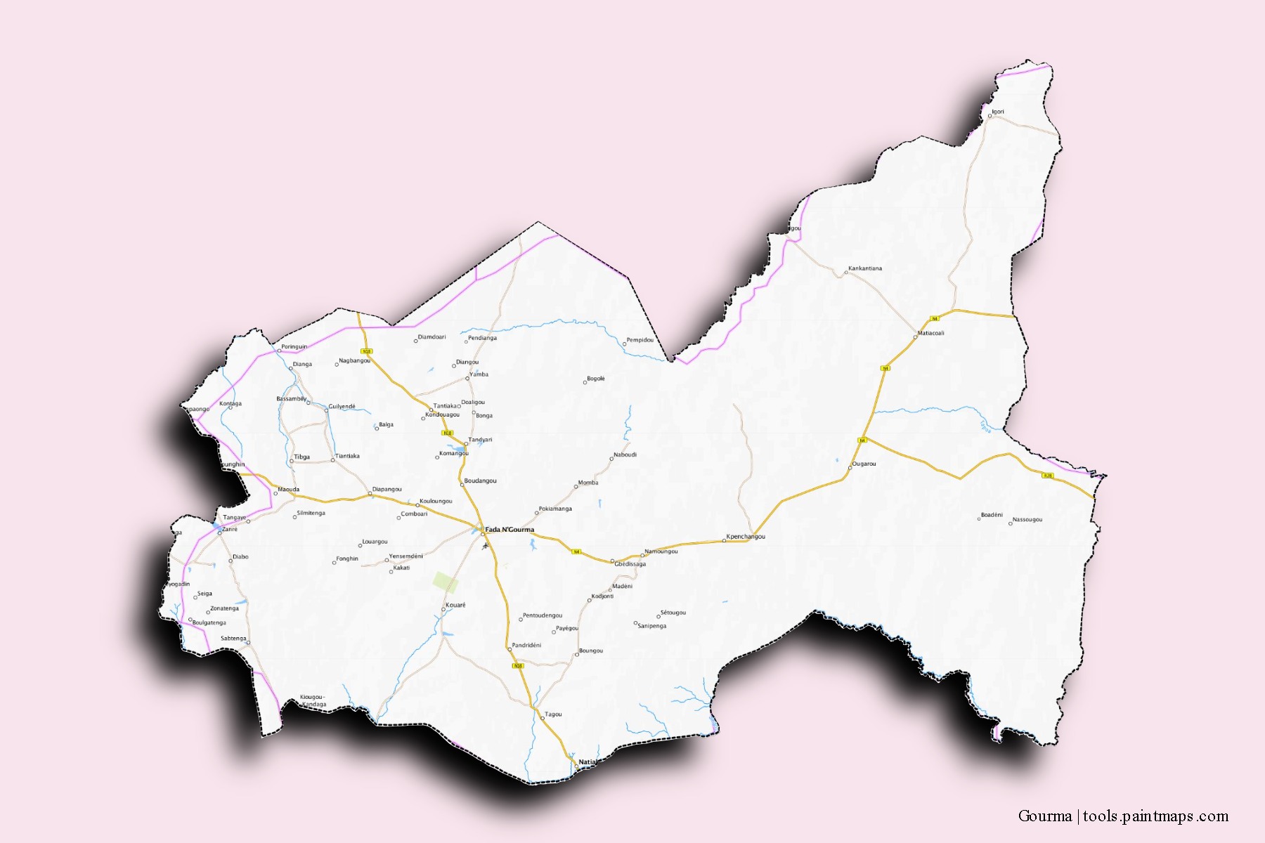 Gourma neighborhoods and villages map with 3D shadow effect