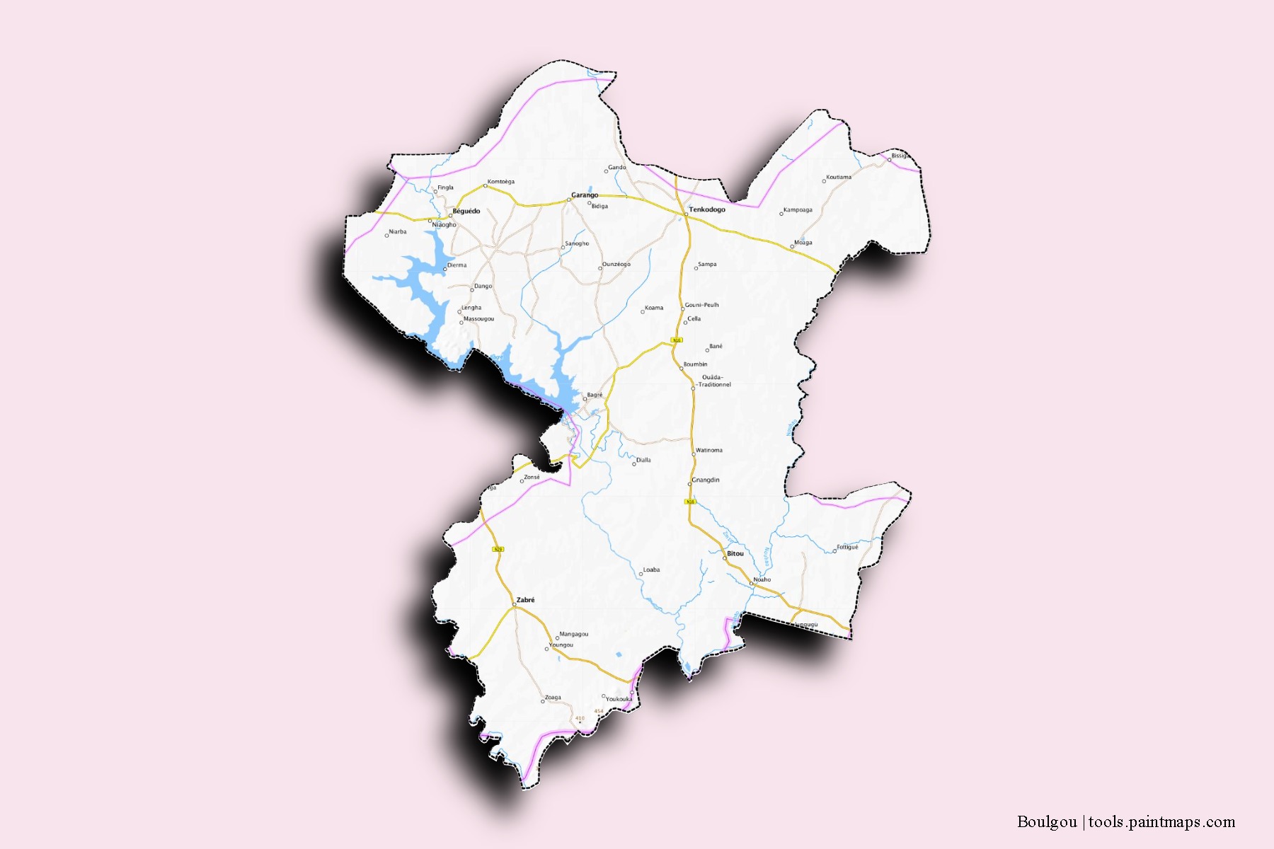 Mapa de barrios y pueblos de Boulgou con efecto de sombra 3D