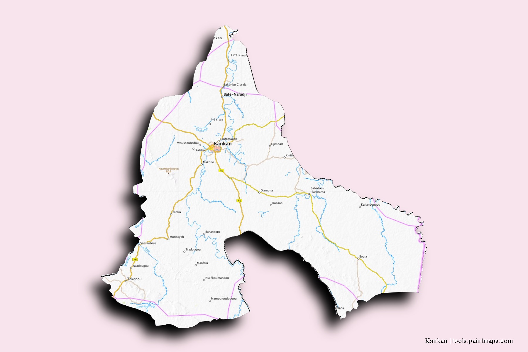 Mapa de barrios y pueblos de Kankan con efecto de sombra 3D