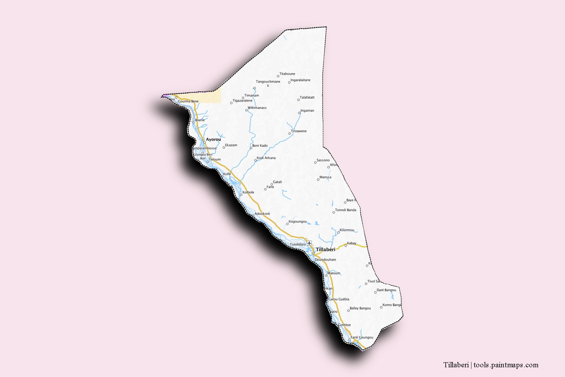 Mapa de barrios y pueblos de Tillaberi con efecto de sombra 3D