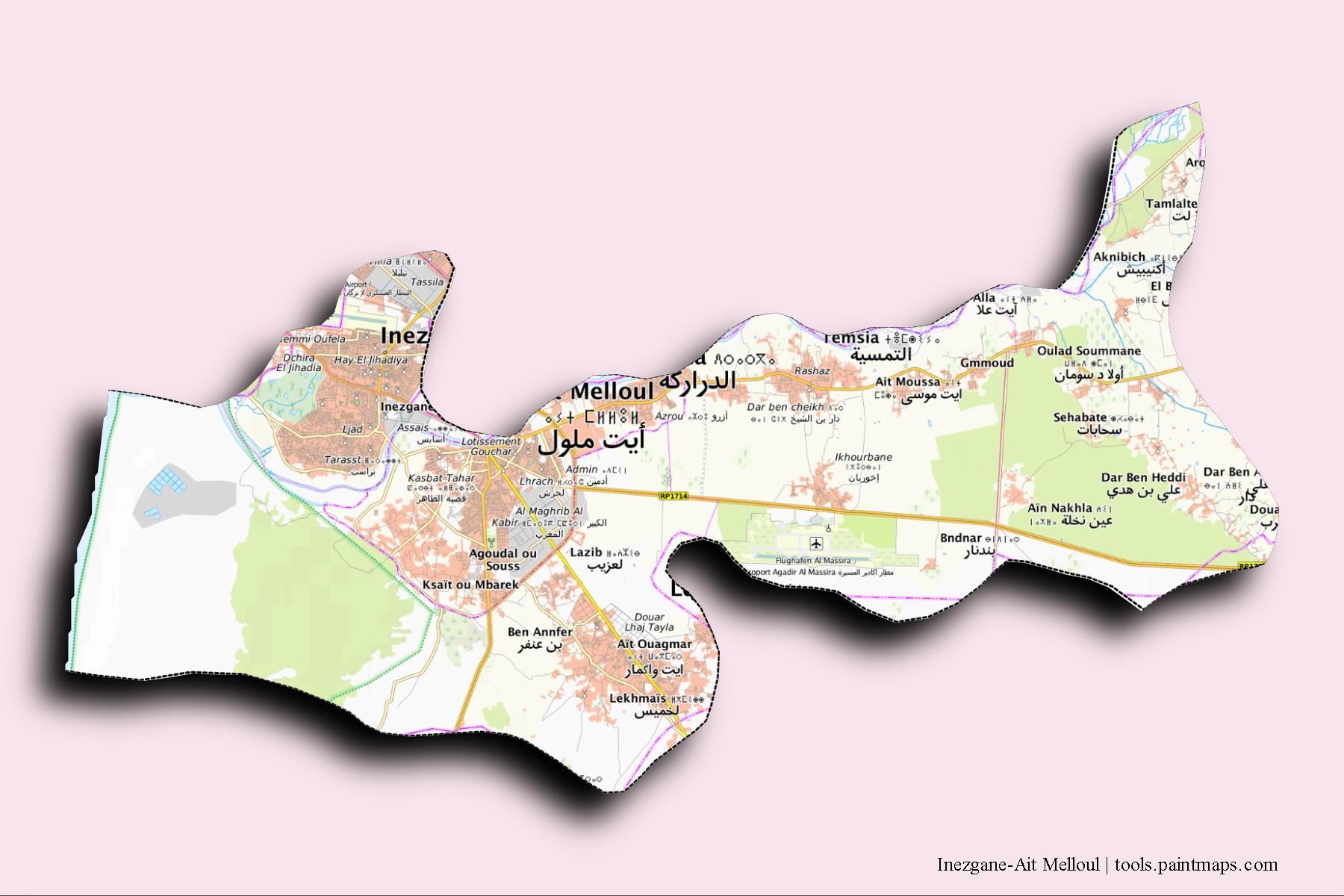 Mapa de barrios y pueblos de Inezgane-Ait Melloul con efecto de sombra 3D