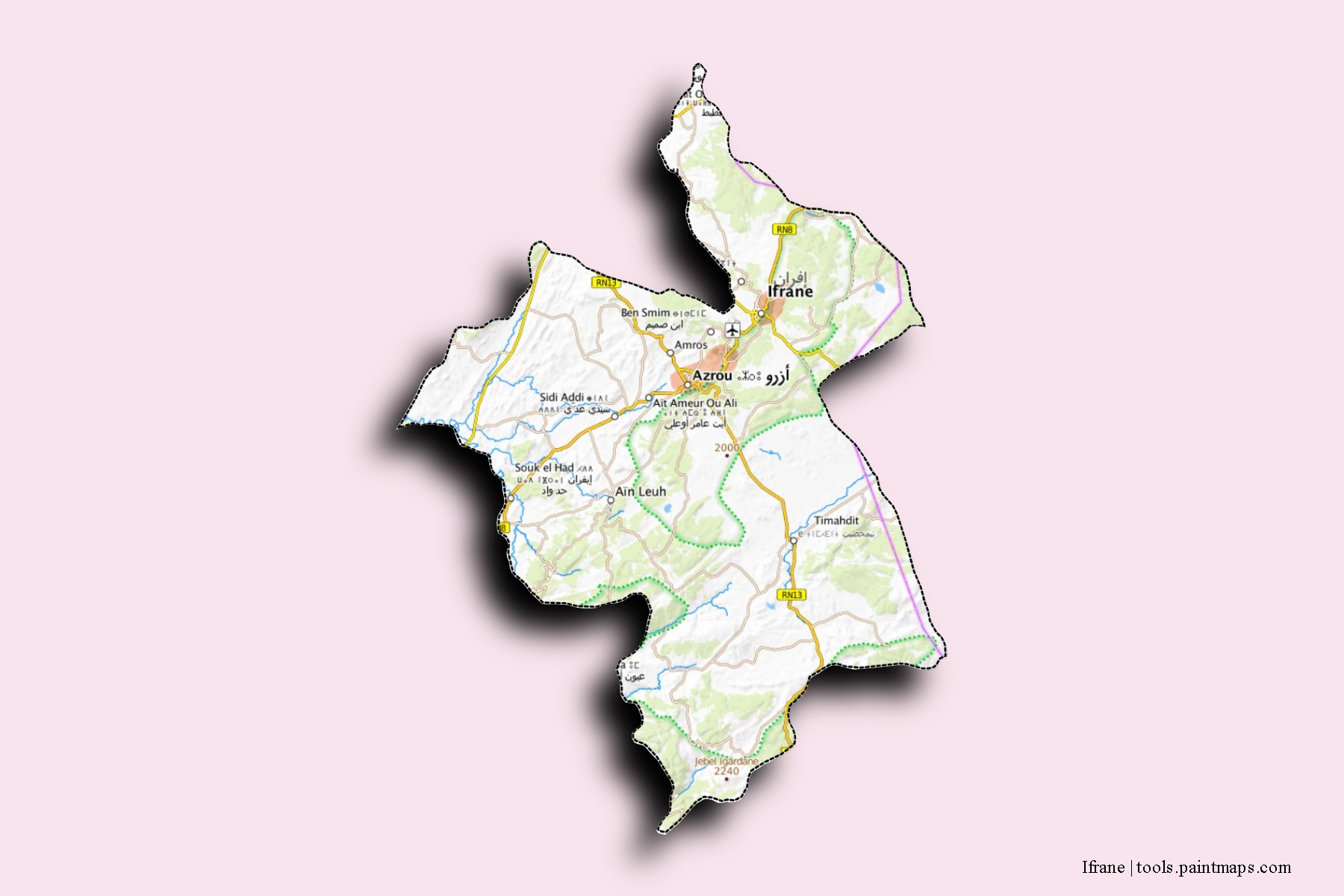 Mapa de barrios y pueblos de Ifrane con efecto de sombra 3D