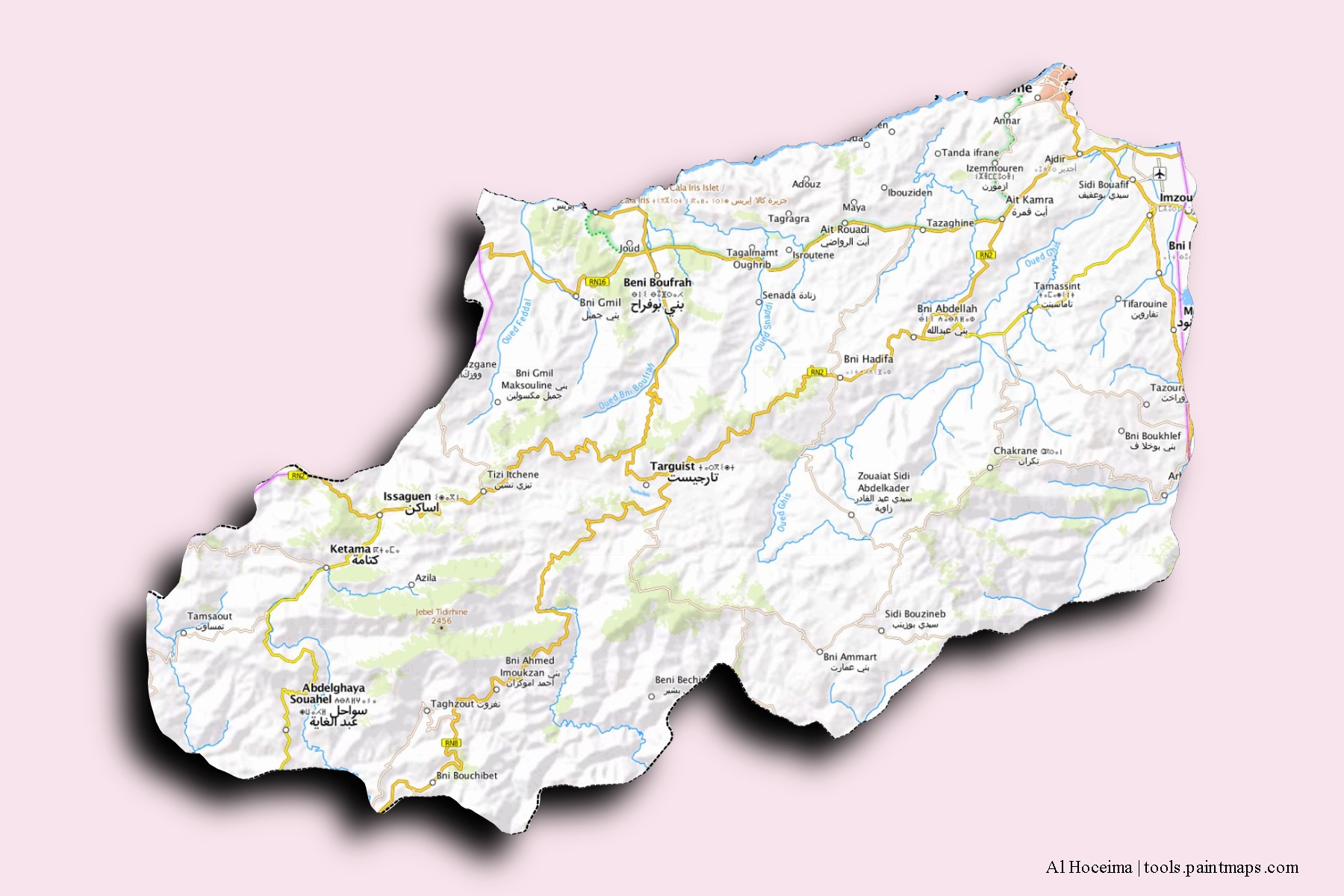 Mapa de barrios y pueblos de Al Hoceima con efecto de sombra 3D