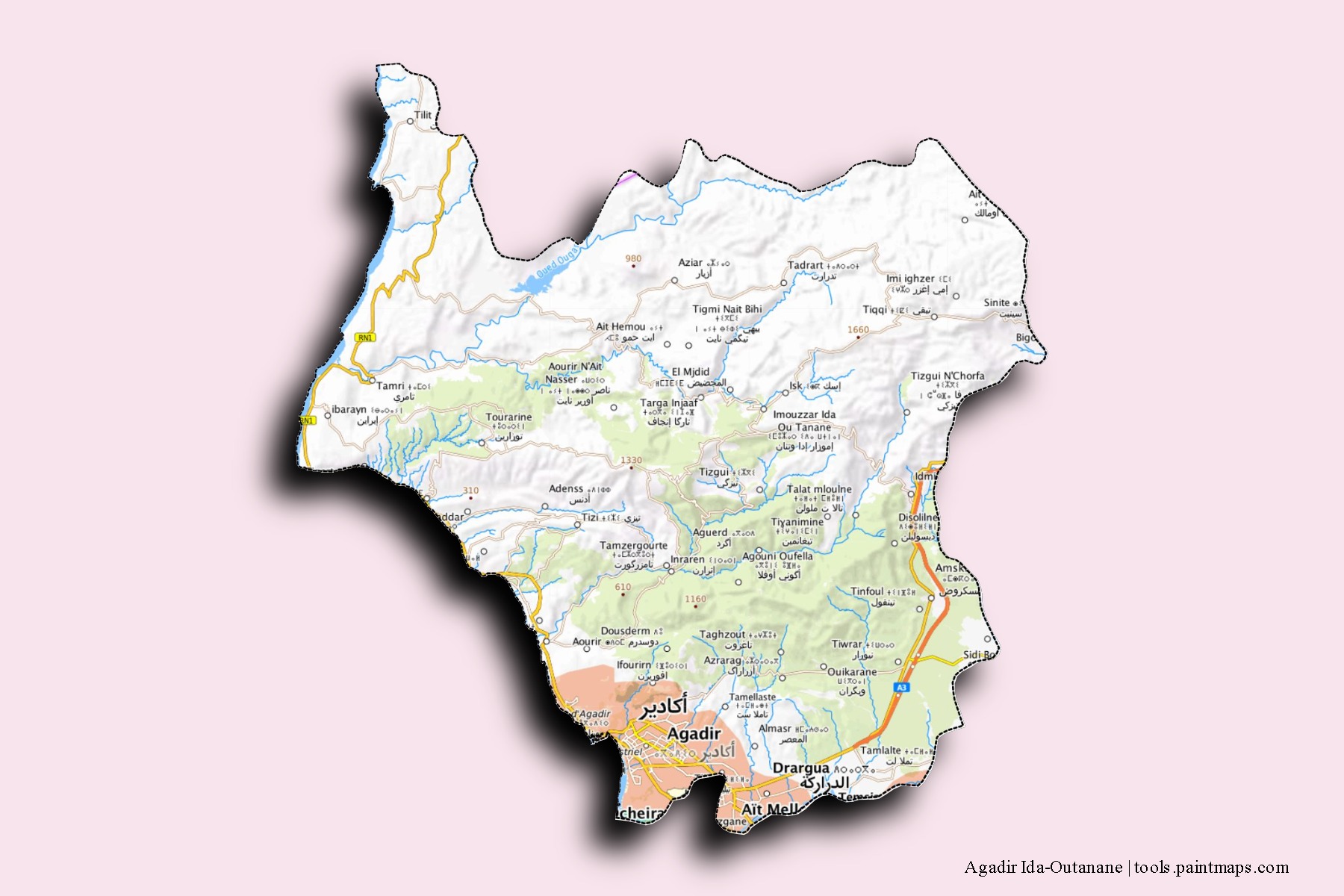 Mapa de barrios y pueblos de Agadir Ida-Outanane con efecto de sombra 3D