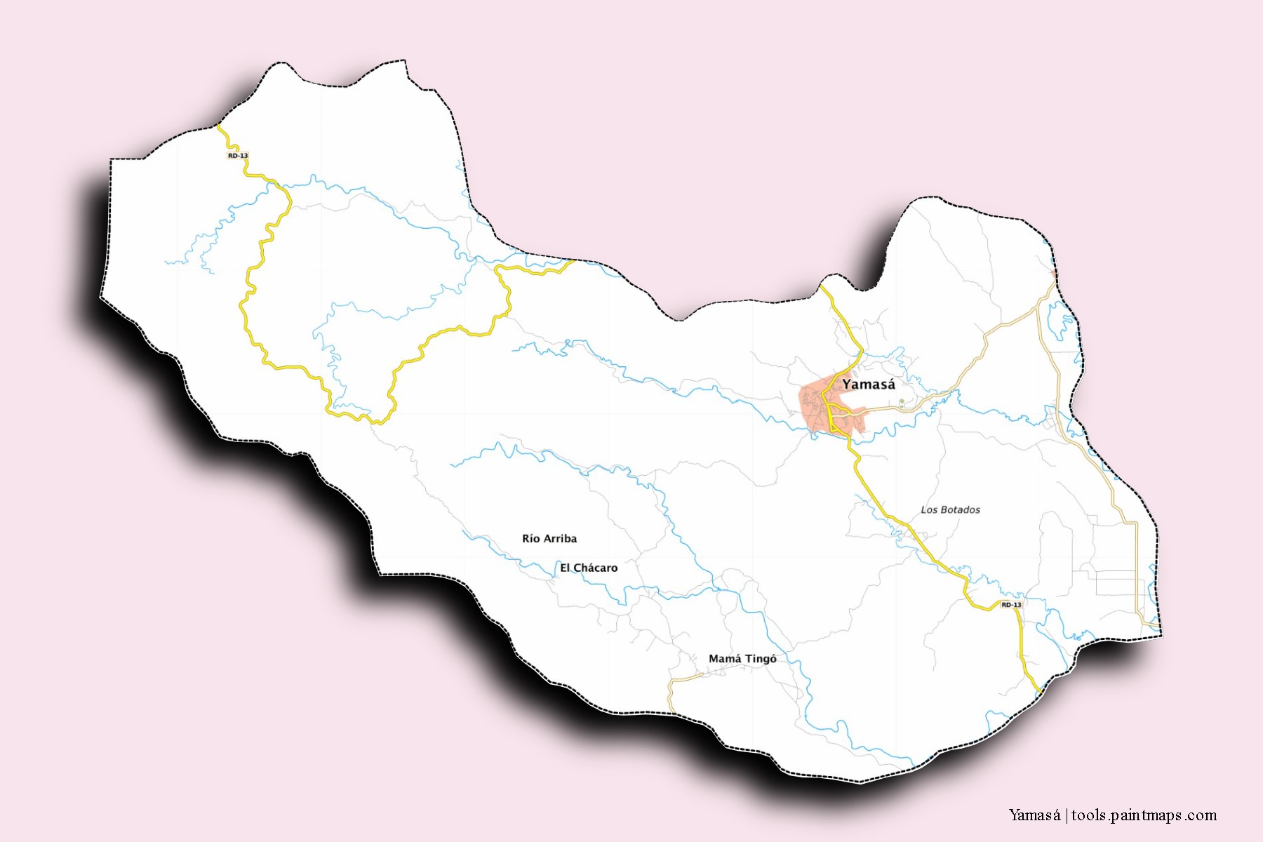 Mapa de barrios y pueblos de Yamasá con efecto de sombra 3D