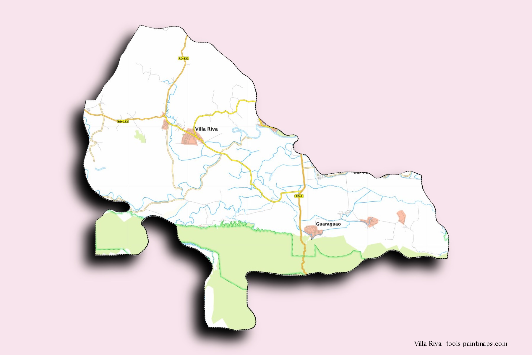 Mapa de barrios y pueblos de Villa Riva con efecto de sombra 3D